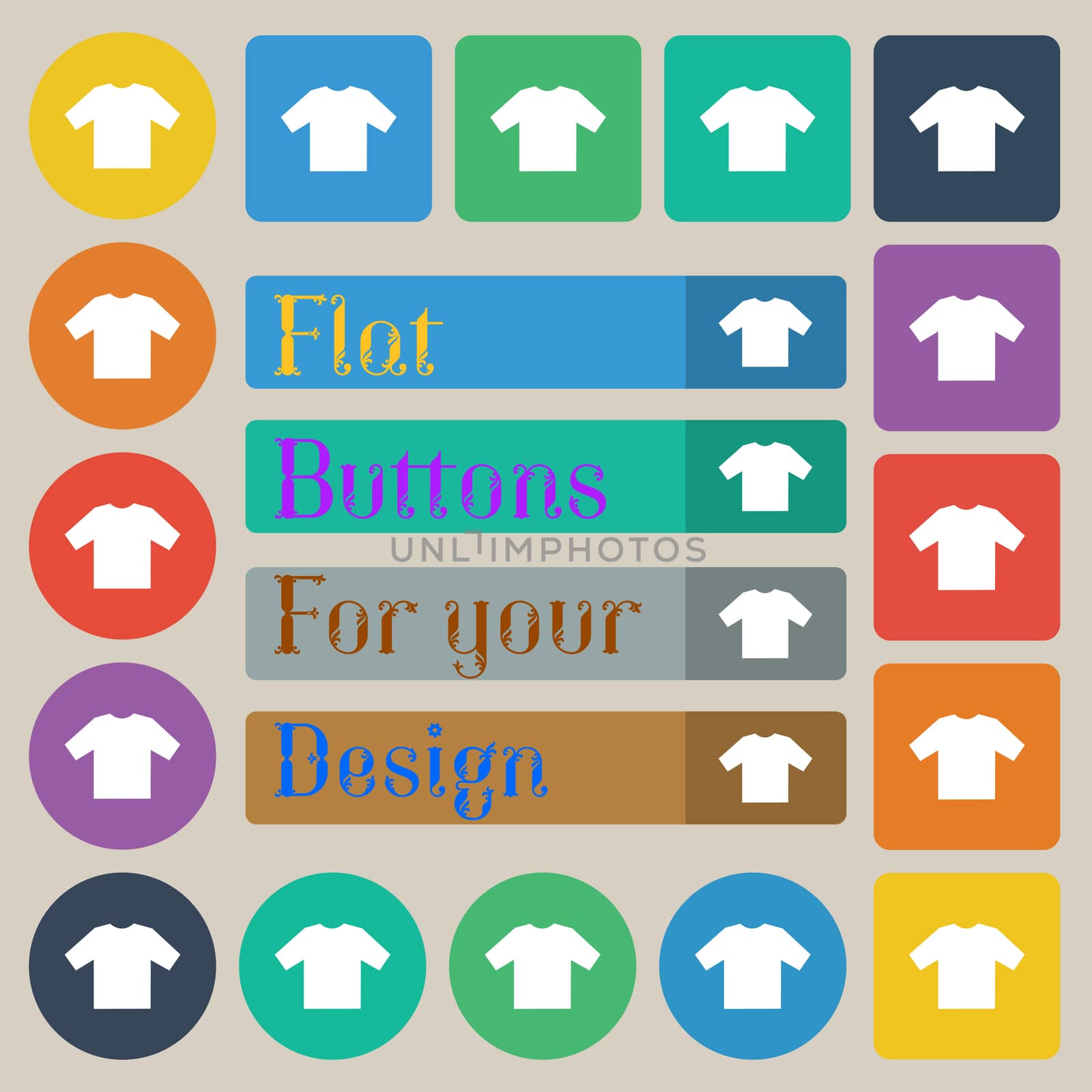t-shirt icon sign. Set of twenty colored flat, round, square and rectangular buttons. illustration