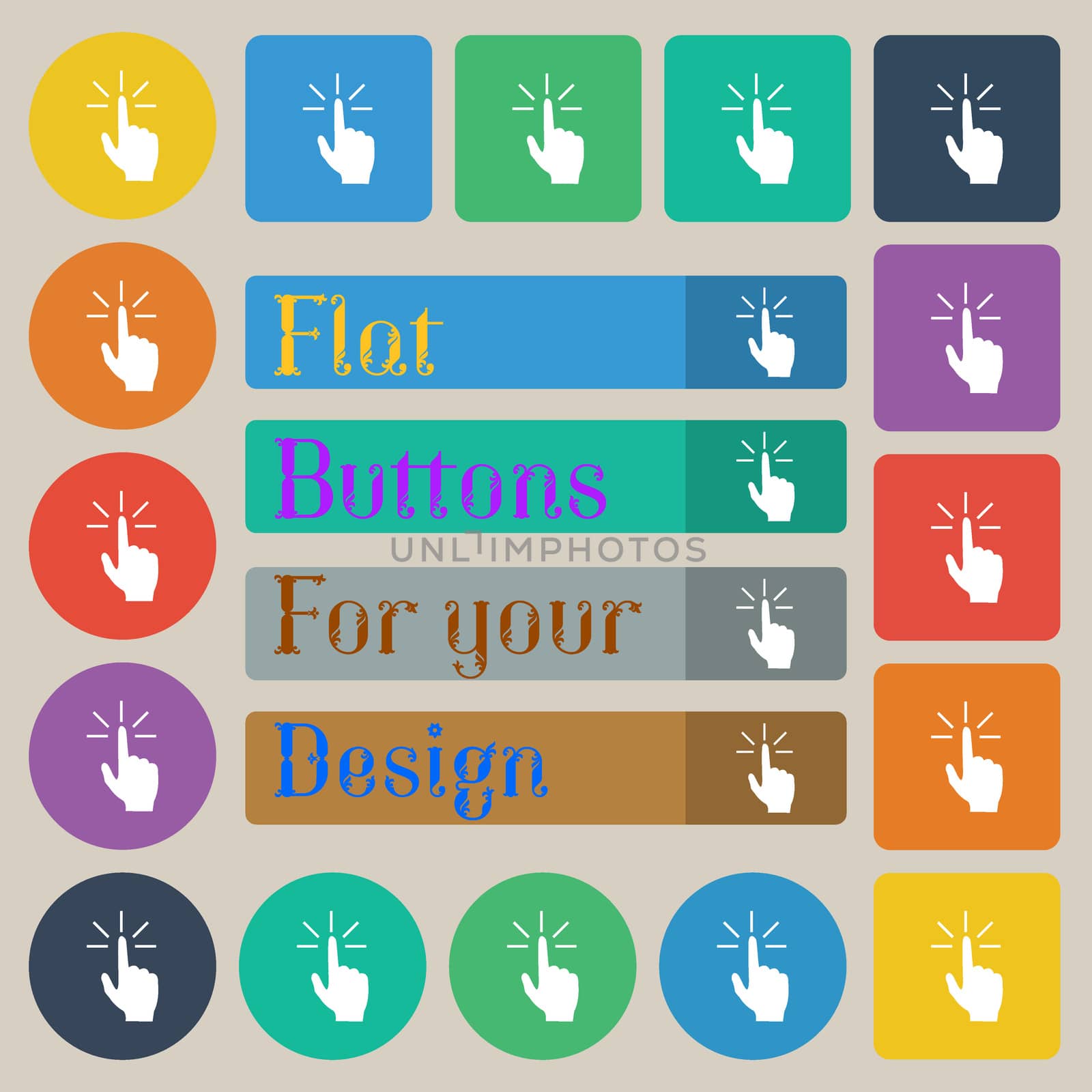 Click here hand icon sign. Set of twenty colored flat, round, square and rectangular buttons. illustration