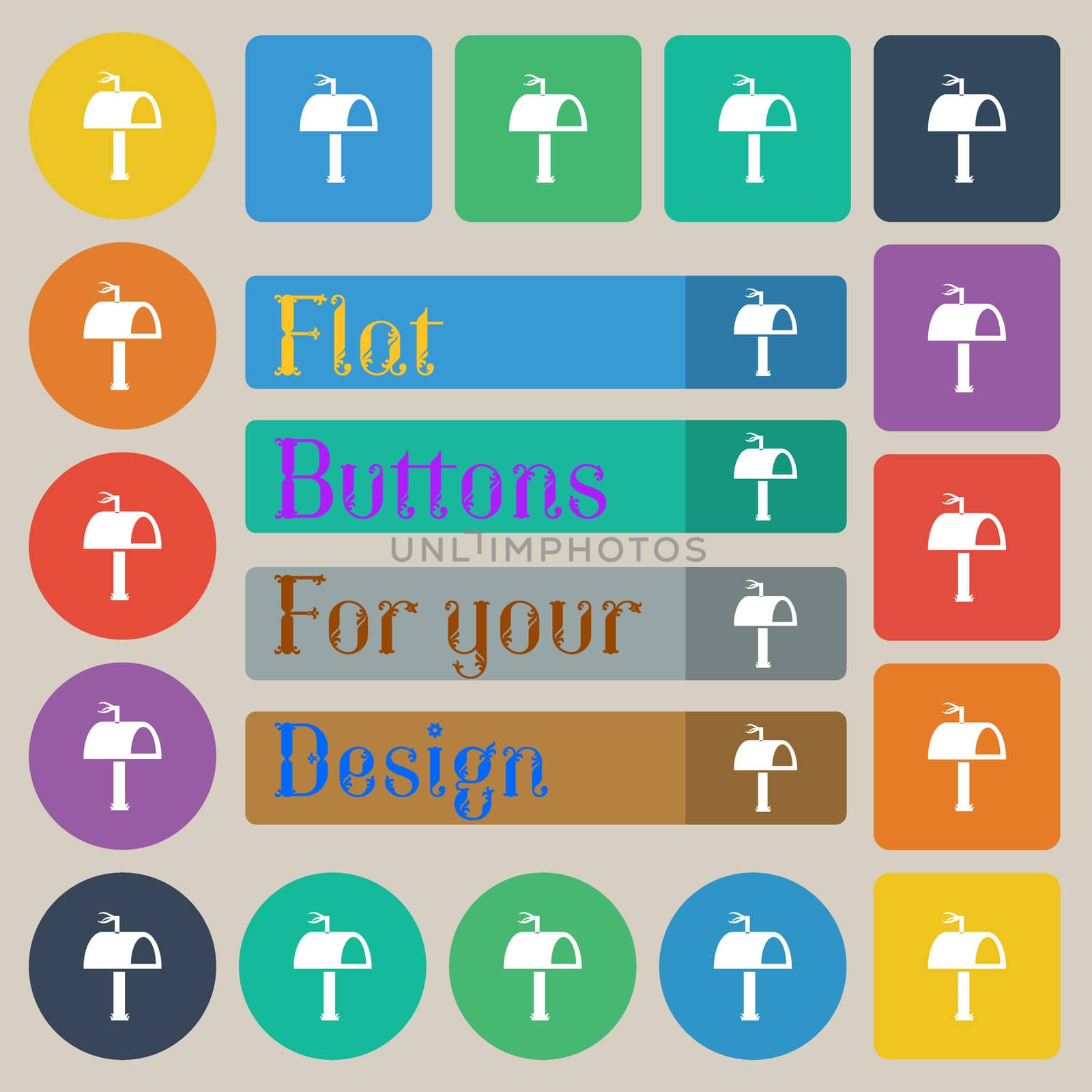 Mailbox icon sign. Set of twenty colored flat, round, square and rectangular buttons. illustration