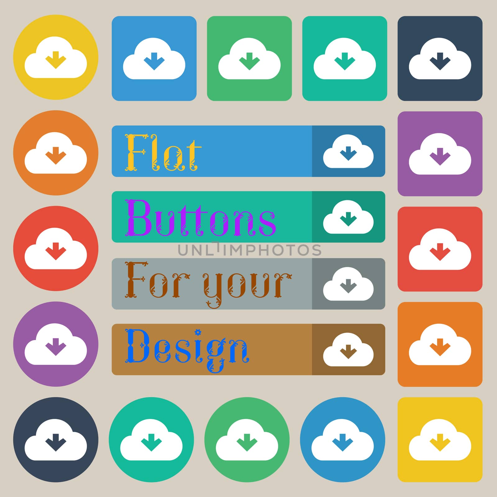 Download from cloud icon sign. Set of twenty colored flat, round, square and rectangular buttons. illustration