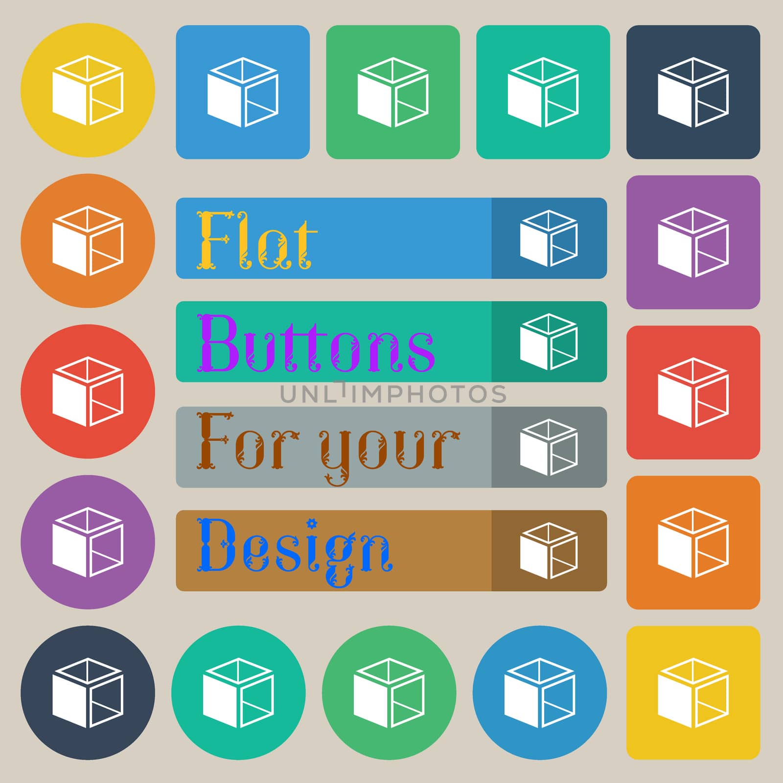 3d cube icon sign. Set of twenty colored flat, round, square and rectangular buttons. illustration