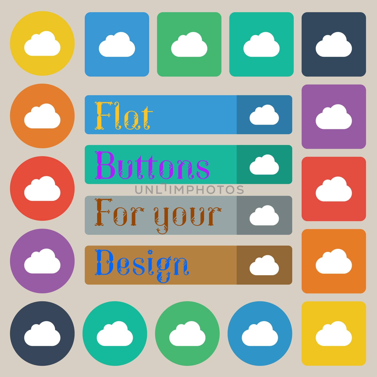 cloud icon sign. Set of twenty colored flat, round, square and rectangular buttons. illustration