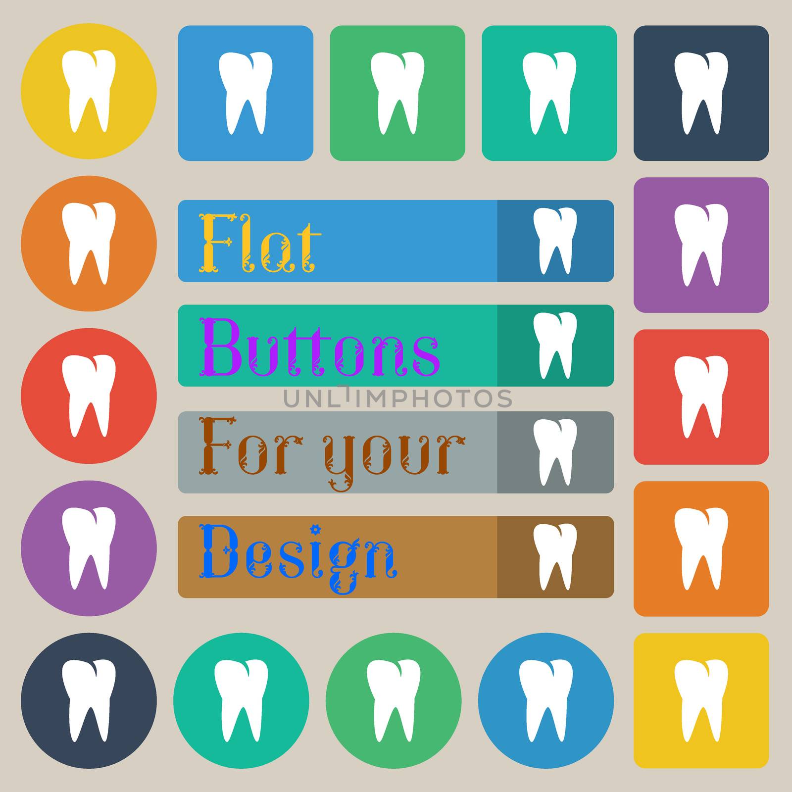 tooth icon. Set of twenty colored flat, round, square and rectangular buttons. illustration
