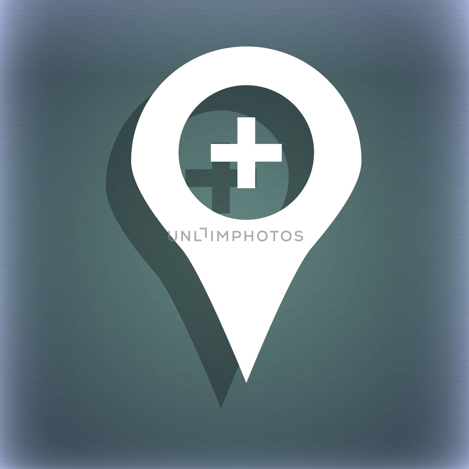 Plus Map pointer, GPS location icon symbol on the blue-green abstract background with shadow and space for your text. illustration