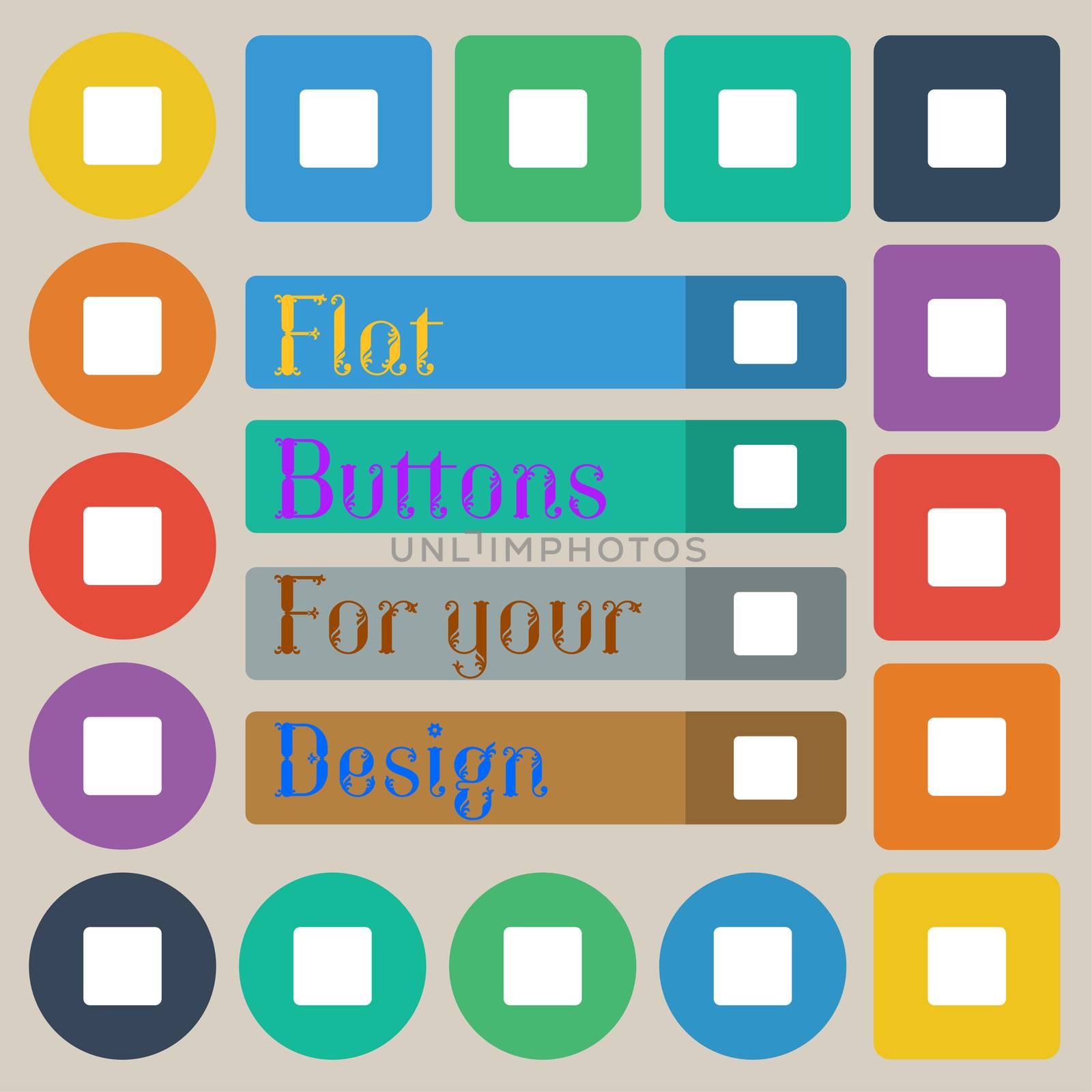 stop button icon sign. Set of twenty colored flat, round, square and rectangular buttons. illustration