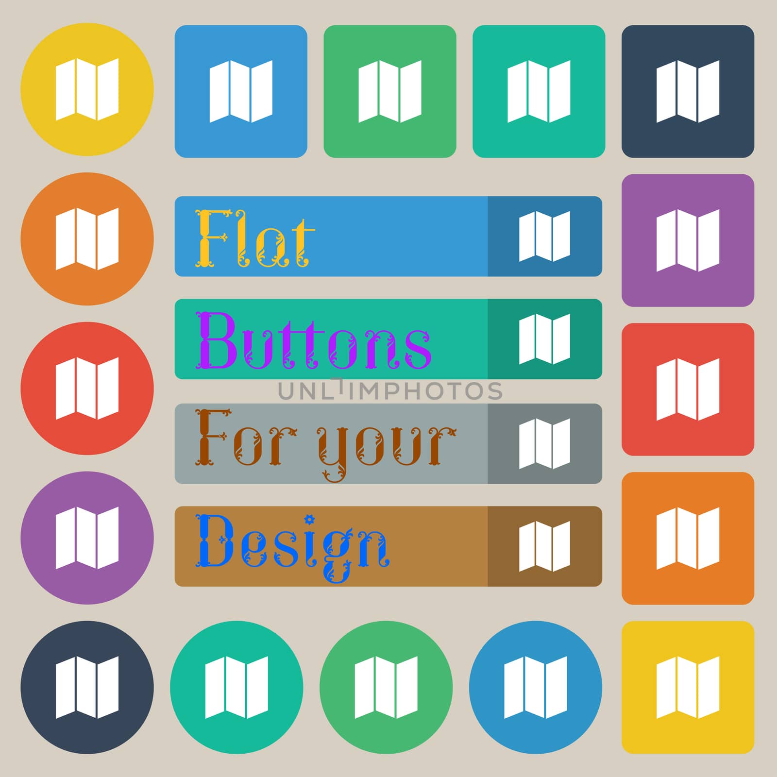 map icon sign. Set of twenty colored flat, round, square and rectangular buttons. illustration