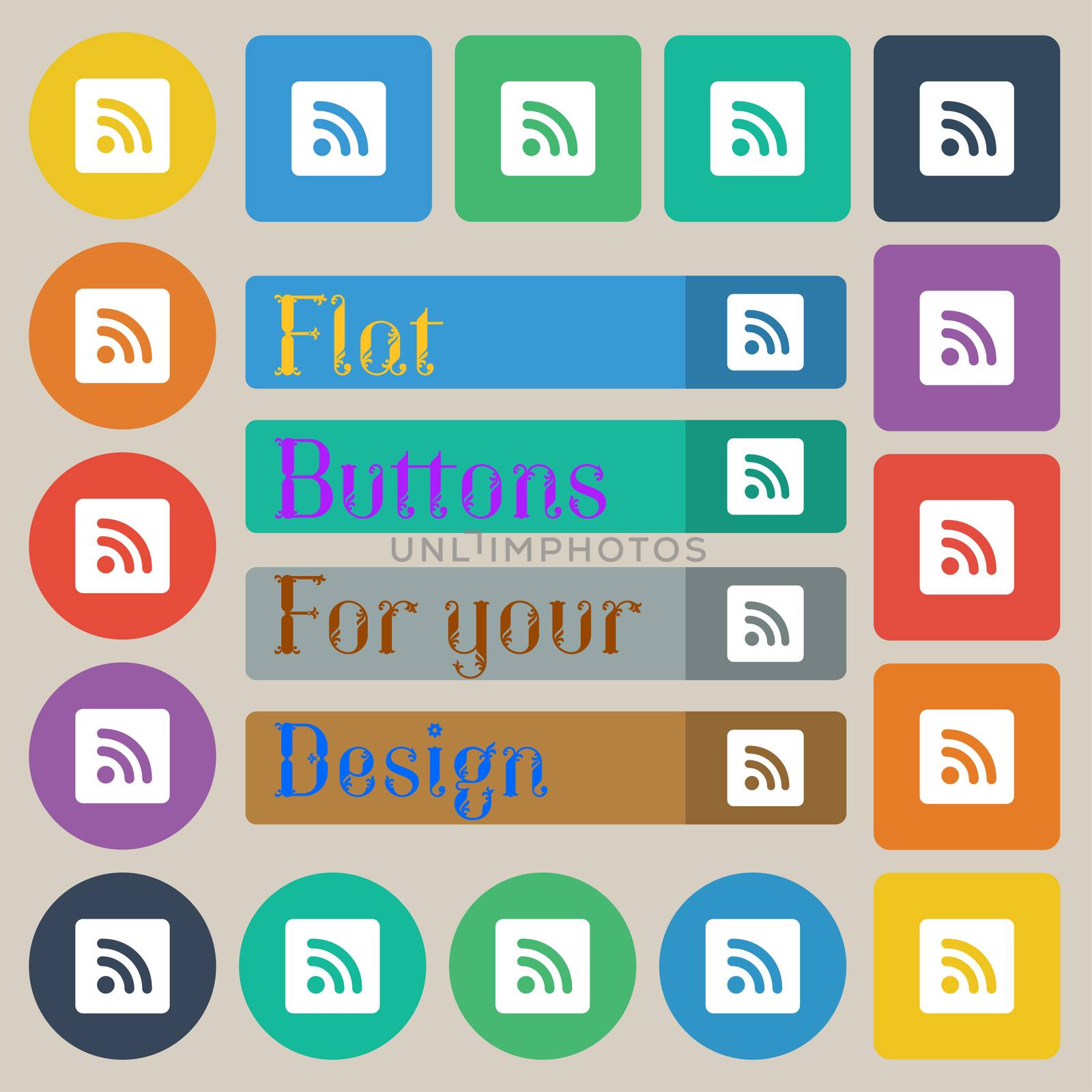 RSS feed icon sign. Set of twenty colored flat, round, square and rectangular buttons. illustration