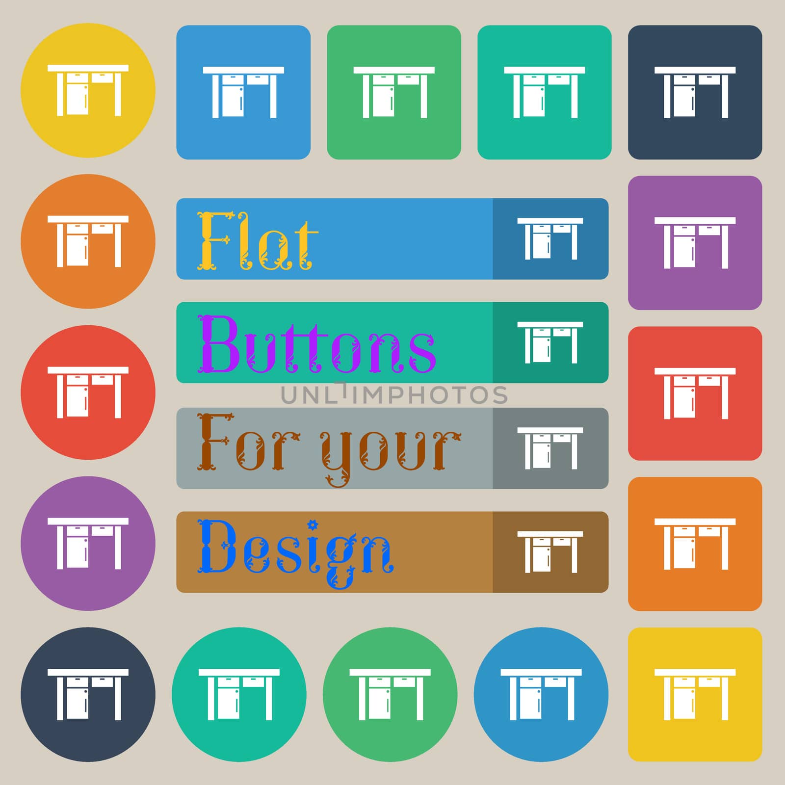 Table icon sign. Set of twenty colored flat, round, square and rectangular buttons.  by serhii_lohvyniuk