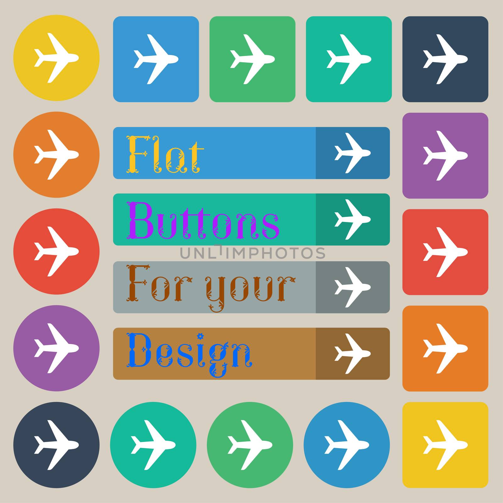 Plane icon sign. Set of twenty colored flat, round, square and rectangular buttons.  by serhii_lohvyniuk
