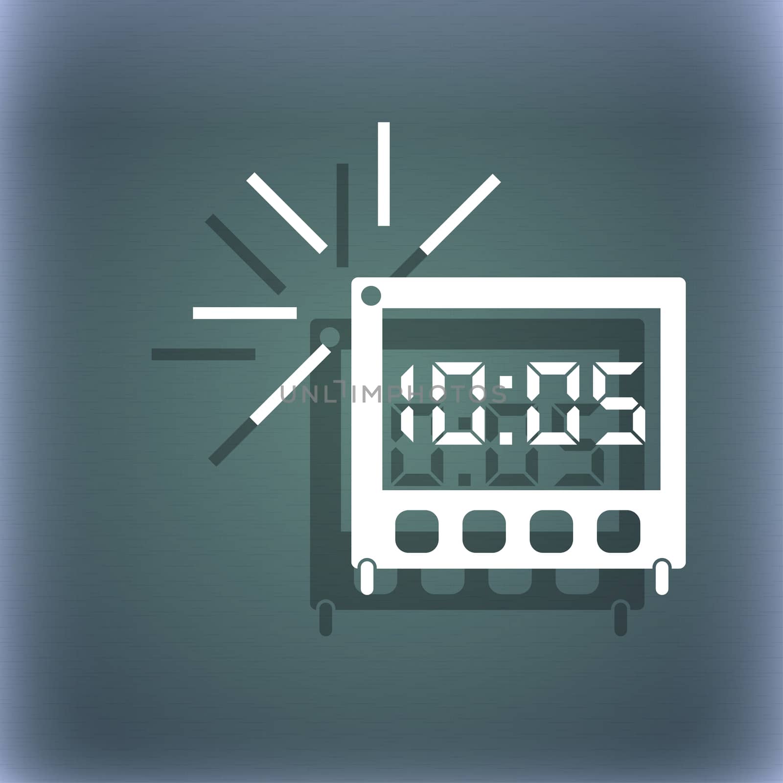 digital Alarm Clock icon sign. On the blue-green abstract background with shadow and space for your text.  by serhii_lohvyniuk