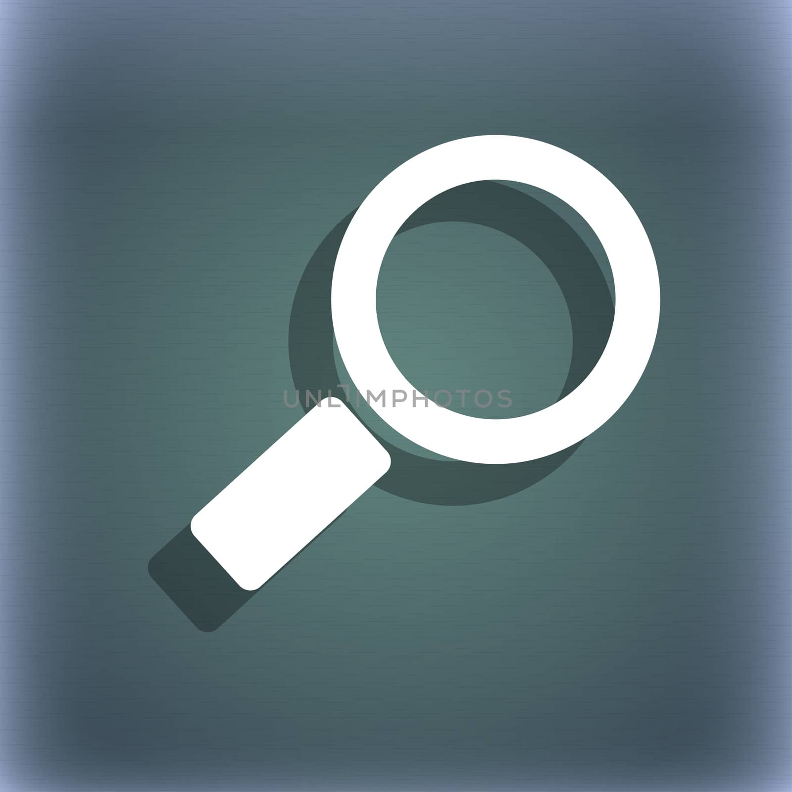 Magnifier glass sign icon. Zoom tool button. Navigation search symbol. On the blue-green abstract background with shadow and space for your text.  by serhii_lohvyniuk