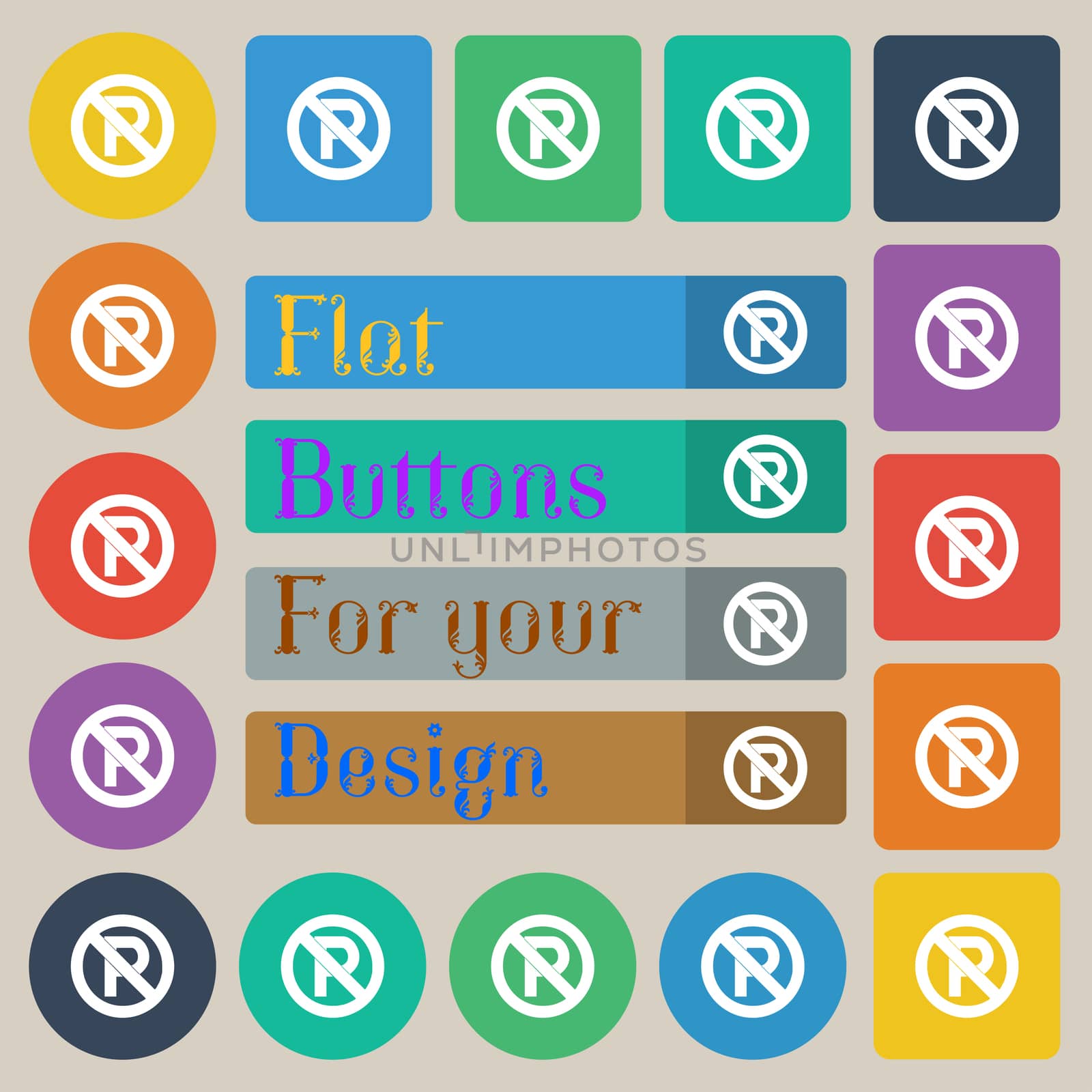 No parking icon sign. Set of twenty colored flat, round, square and rectangular buttons. illustration