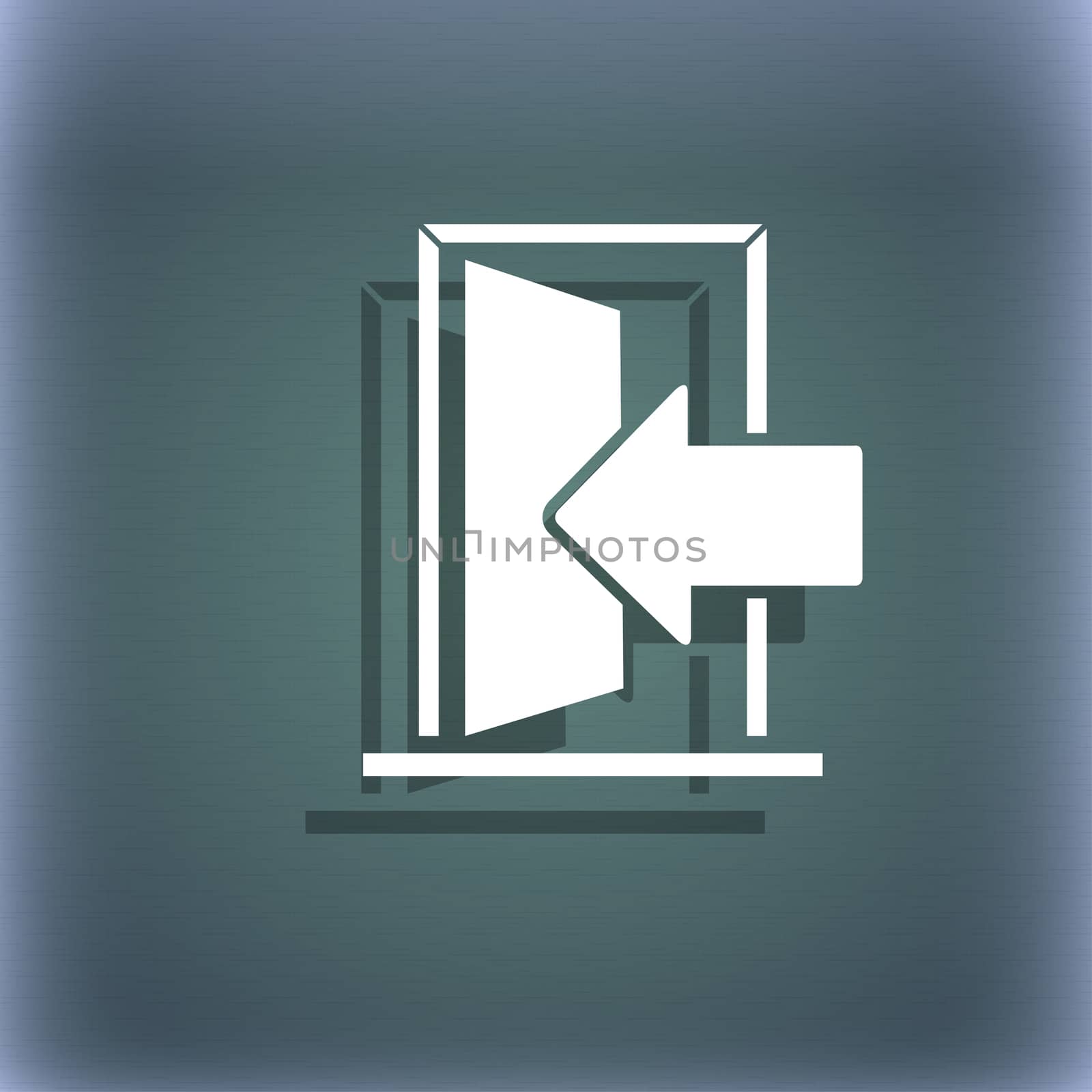 Door, Enter or exit icon sign. On the blue-green abstract background with shadow and space for your text. illustration