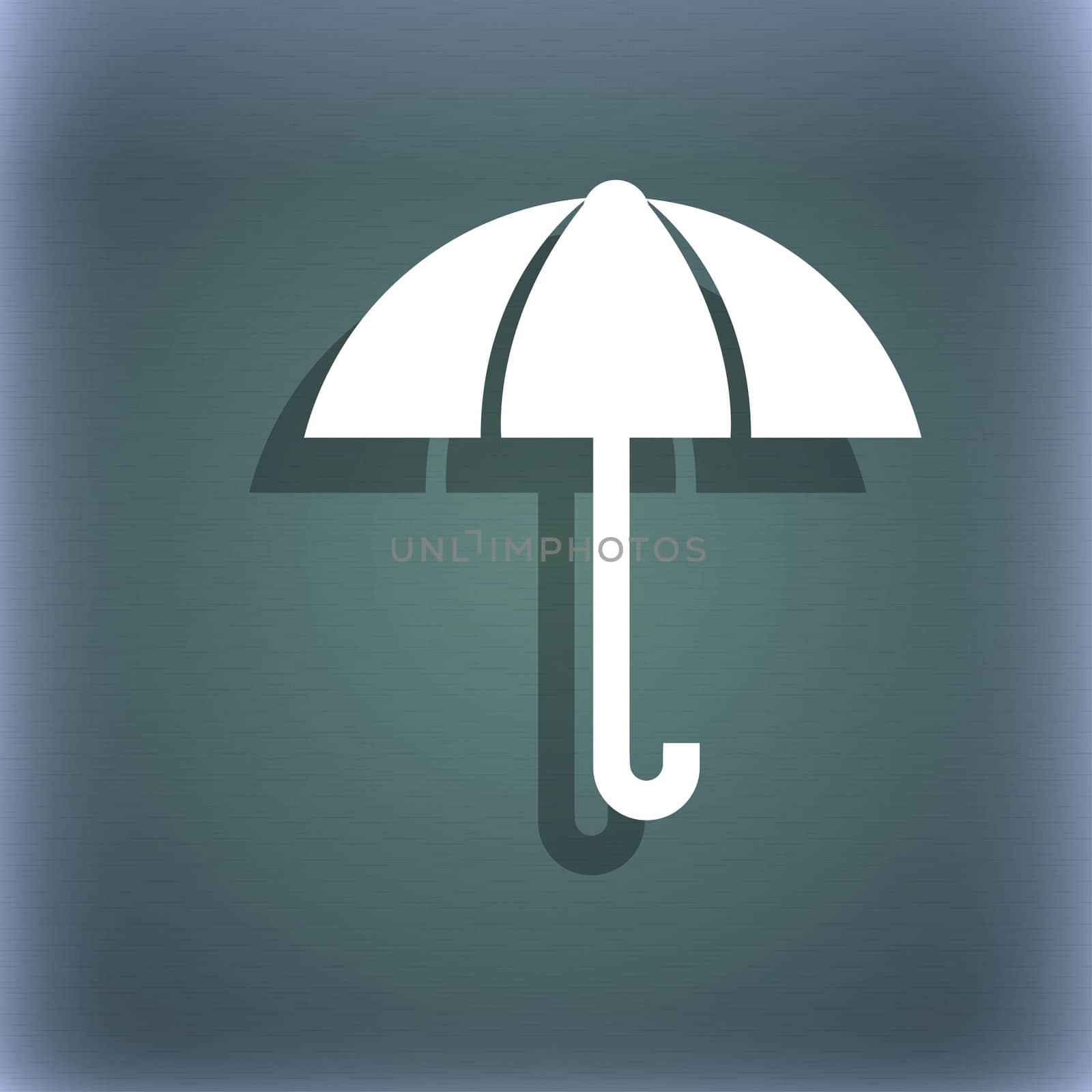 Umbrella sign icon. Rain protection symbol. On the blue-green abstract background with shadow and space for your text.  by serhii_lohvyniuk