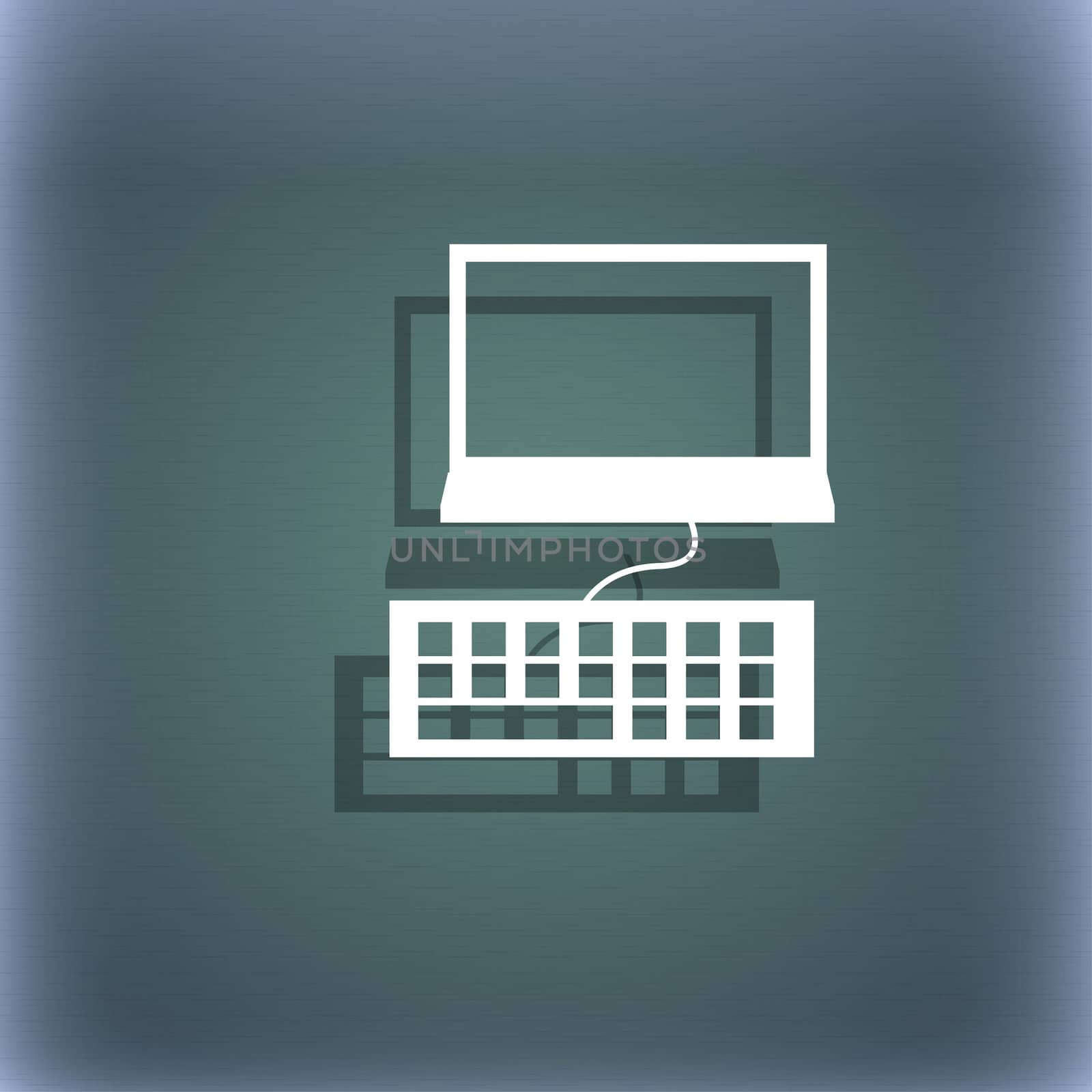 Computer monitor and keyboard Icon. On the blue-green abstract background with shadow and space for your text. illustration