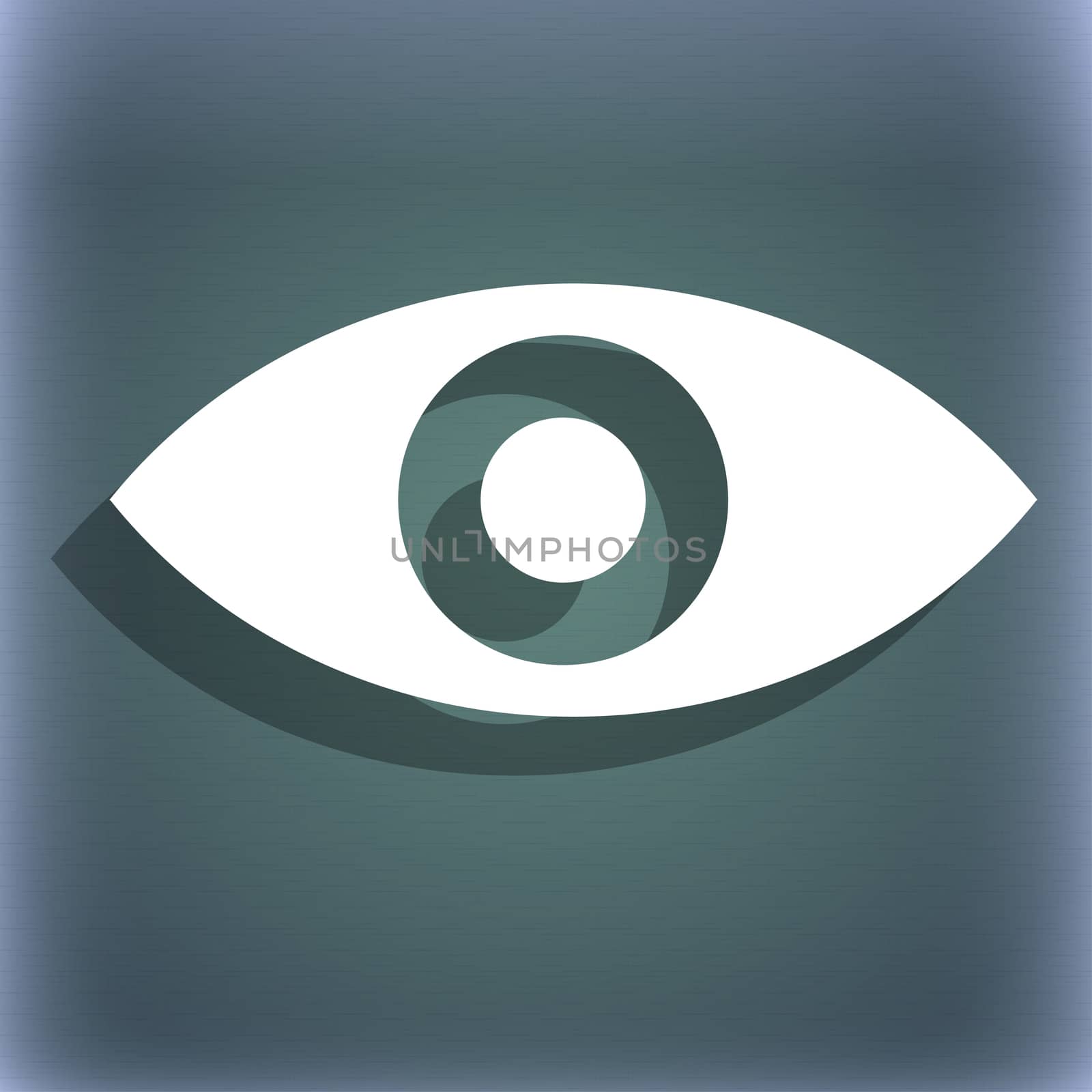 Eye, Publish content, sixth sense, intuition icon symbol on the blue-green abstract background with shadow and space for your text. illustration