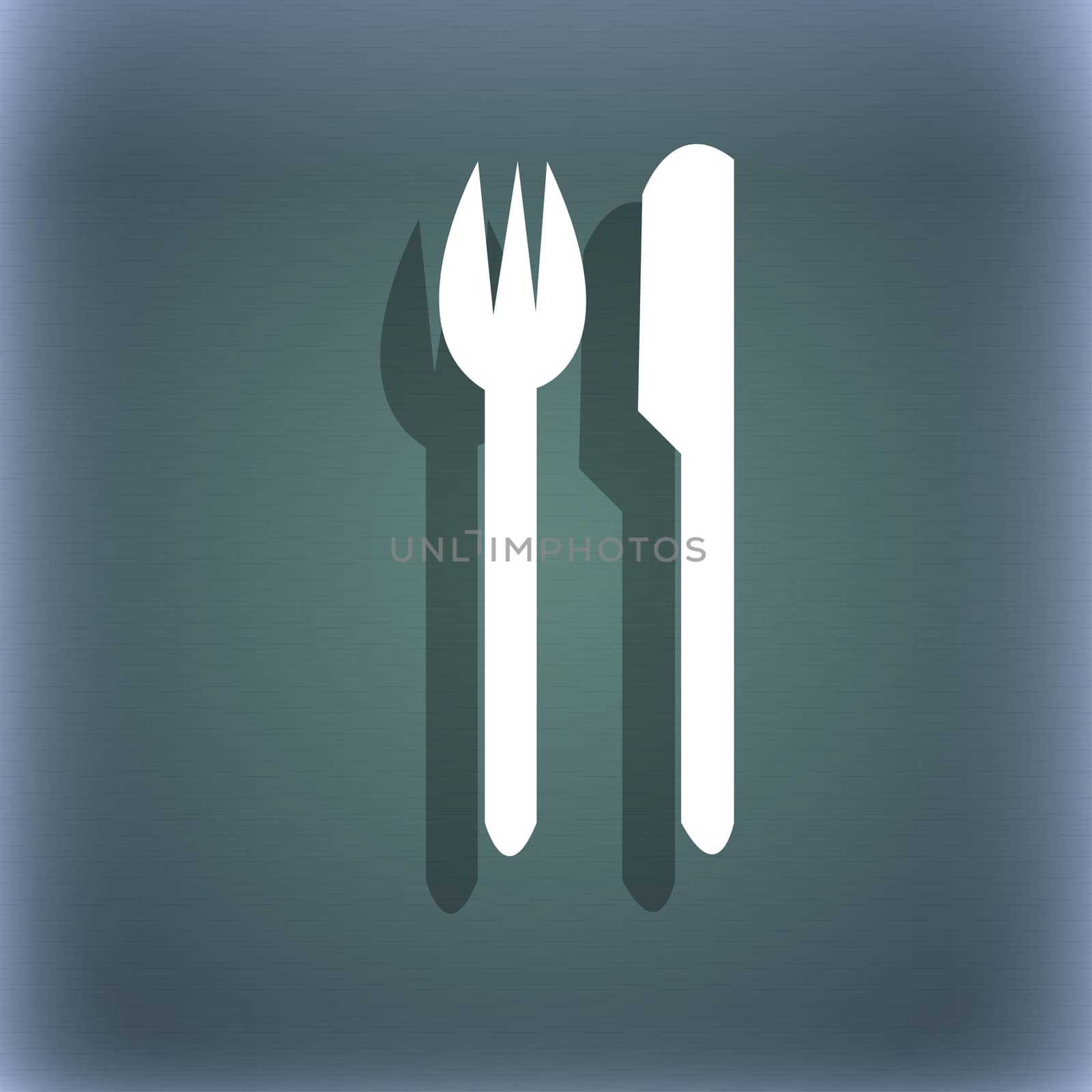 Eat sign icon. Cutlery symbol. Fork and knife. On the blue-green abstract background with shadow and space for your text.  by serhii_lohvyniuk