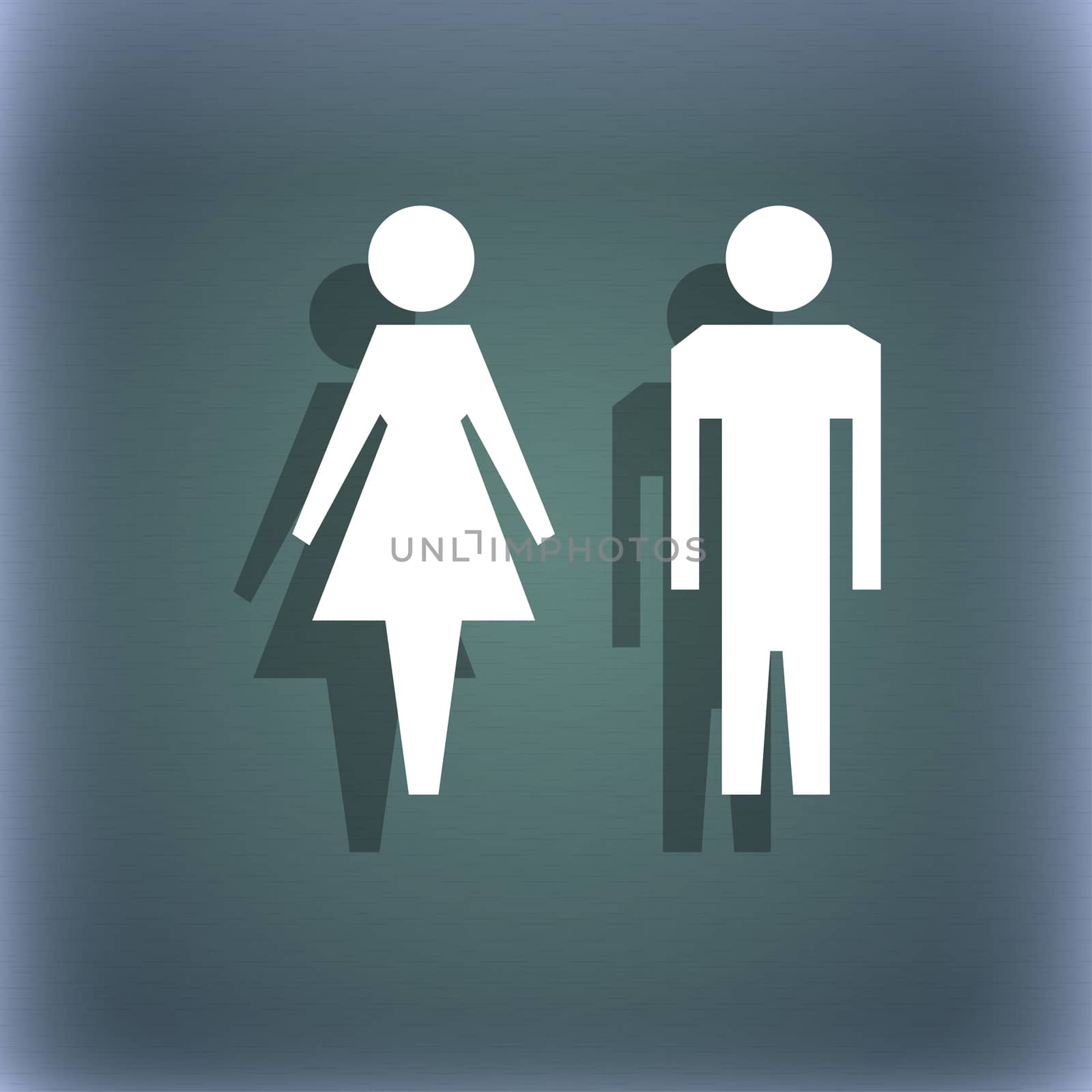WC sign icon. Toilet symbol. Male and Female toilet. On the blue-green abstract background with shadow and space for your text.  by serhii_lohvyniuk