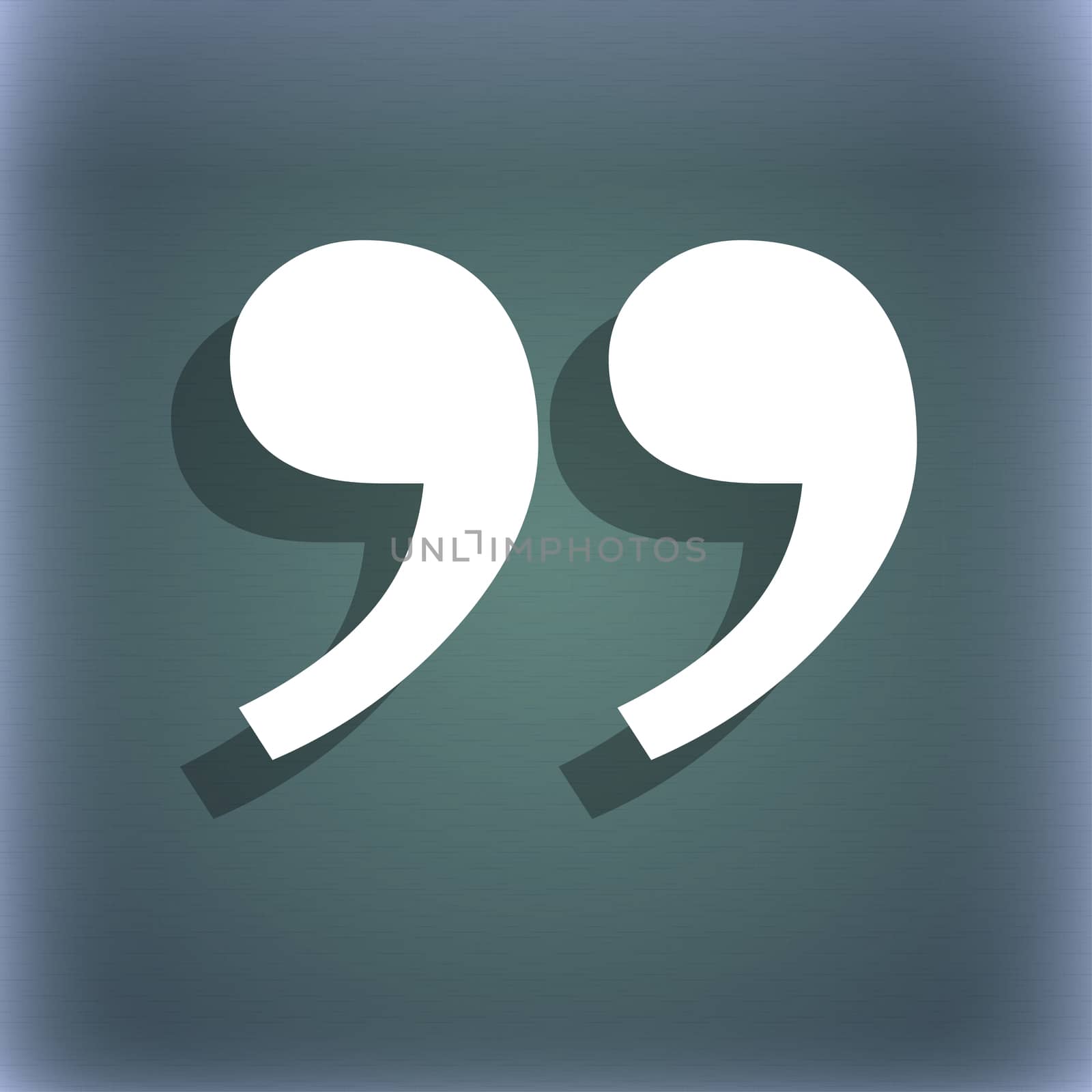 Double quotes at the end of words icon symbol on the blue-green abstract background with shadow and space for your text. illustration