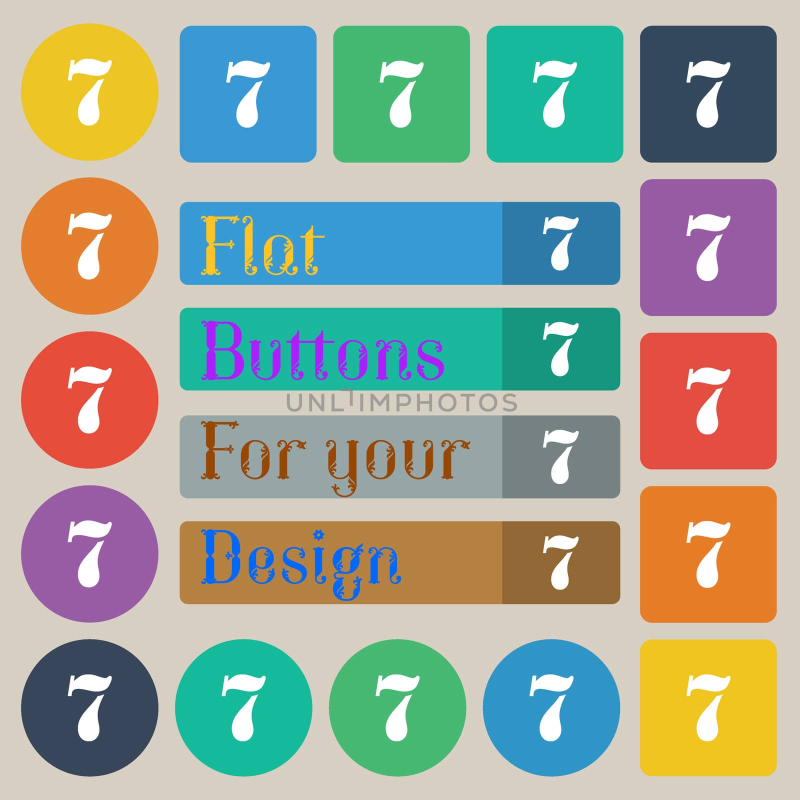 number seven icon sign. Set of twenty colored flat, round, square and rectangular buttons. illustration