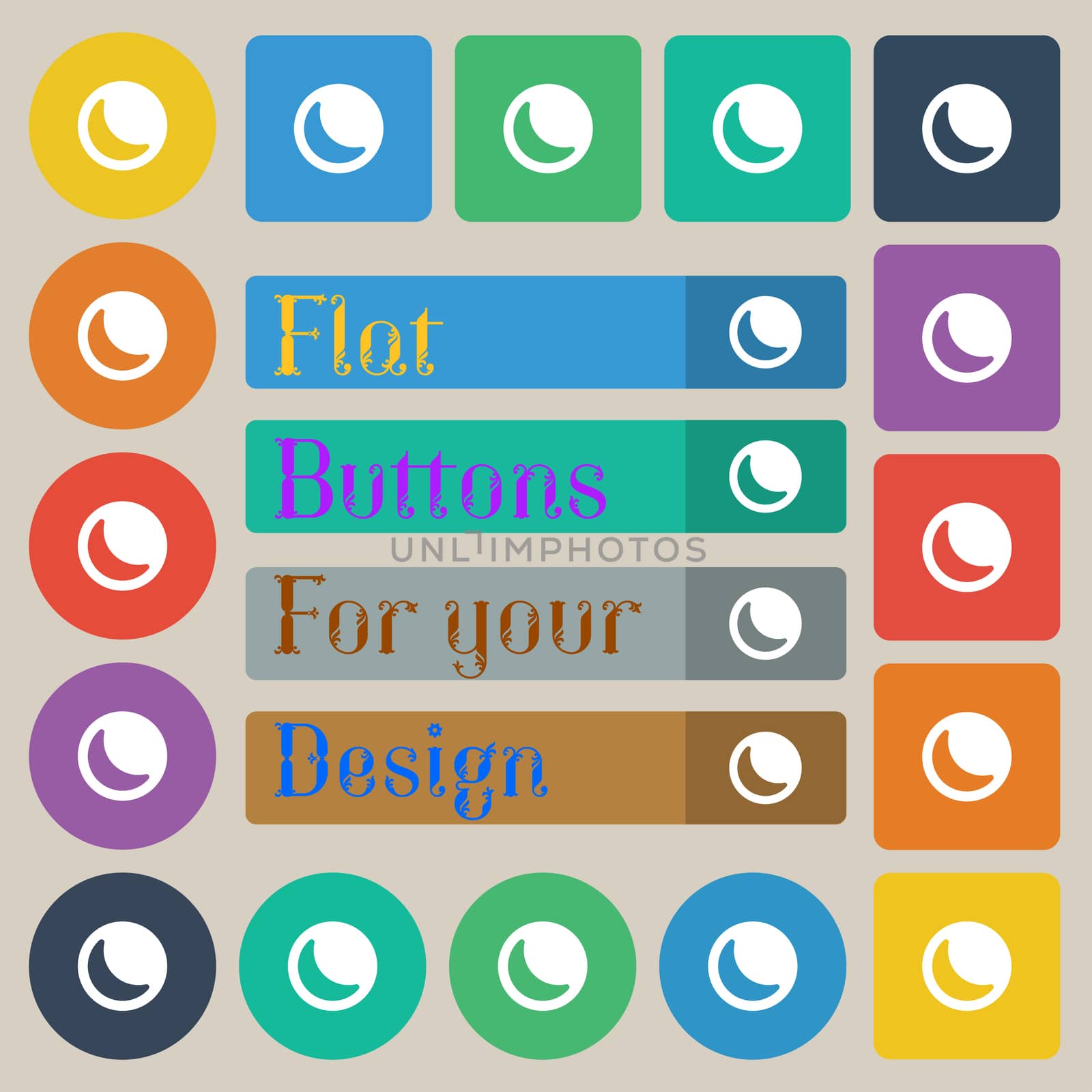 moon icon sign. Set of twenty colored flat, round, square and rectangular buttons. illustration