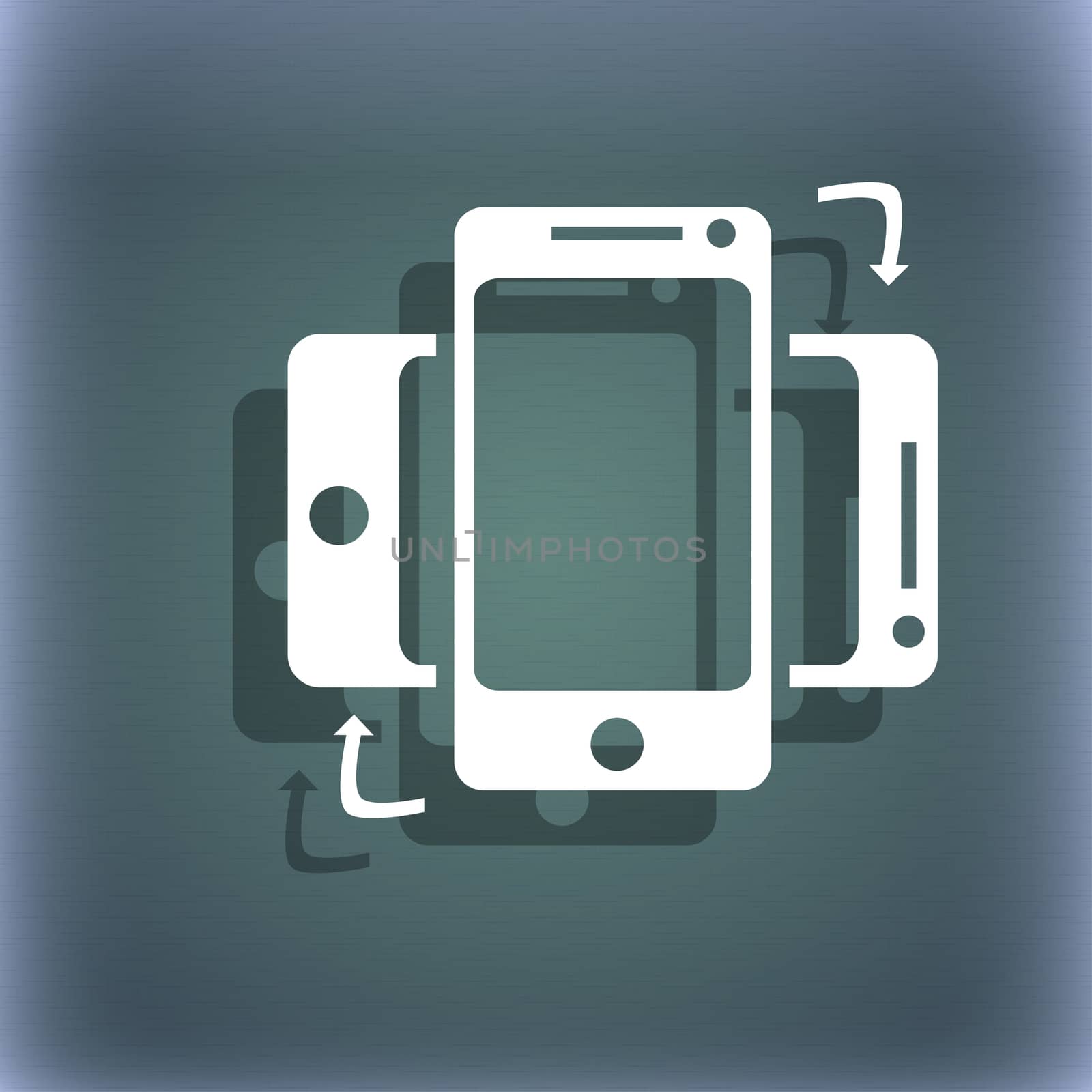 Synchronization sign icon. smartphones sync symbol. Data exchange. On the blue-green abstract background with shadow and space for your text. illustration