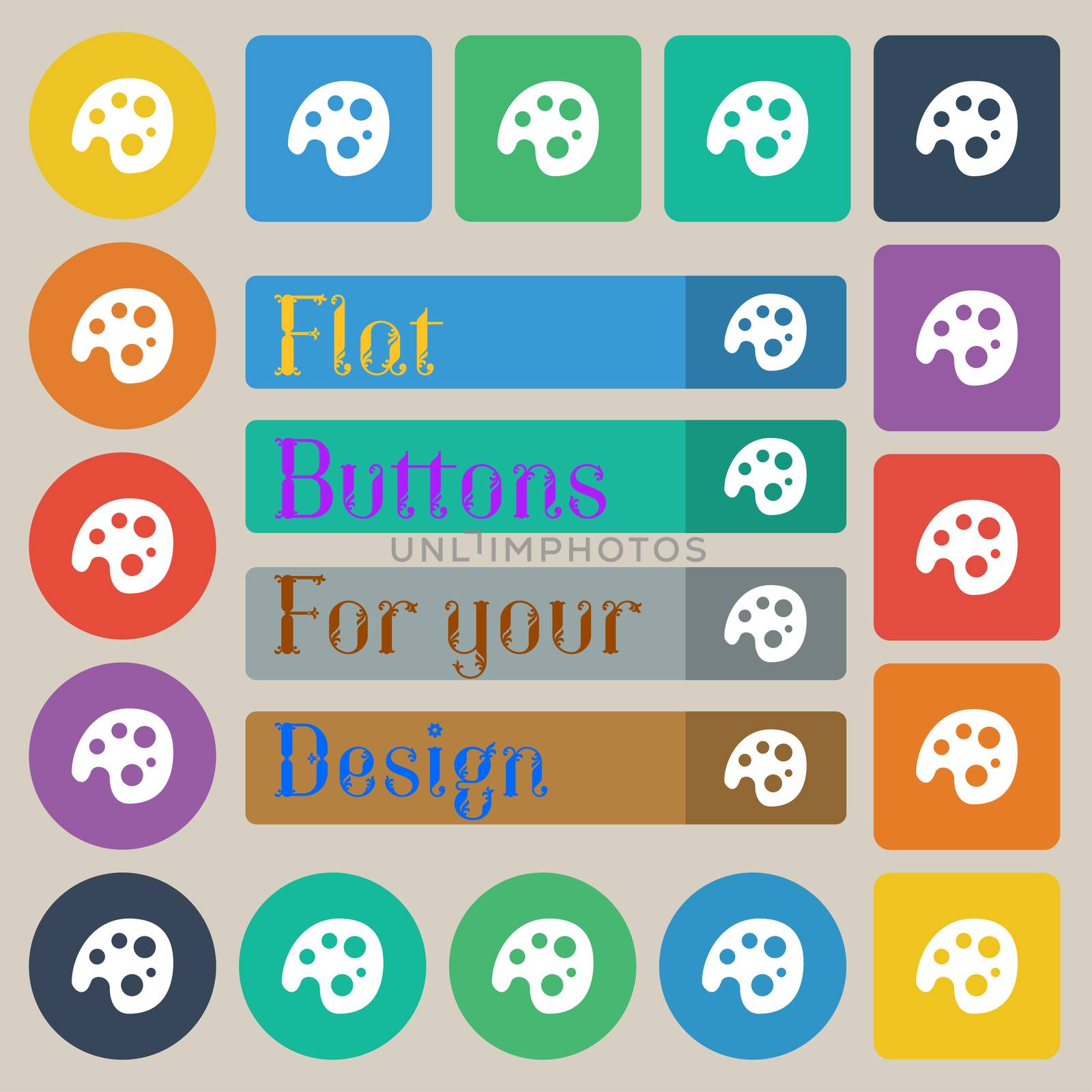 Palette icon sign. Set of twenty colored flat, round, square and rectangular buttons. illustration