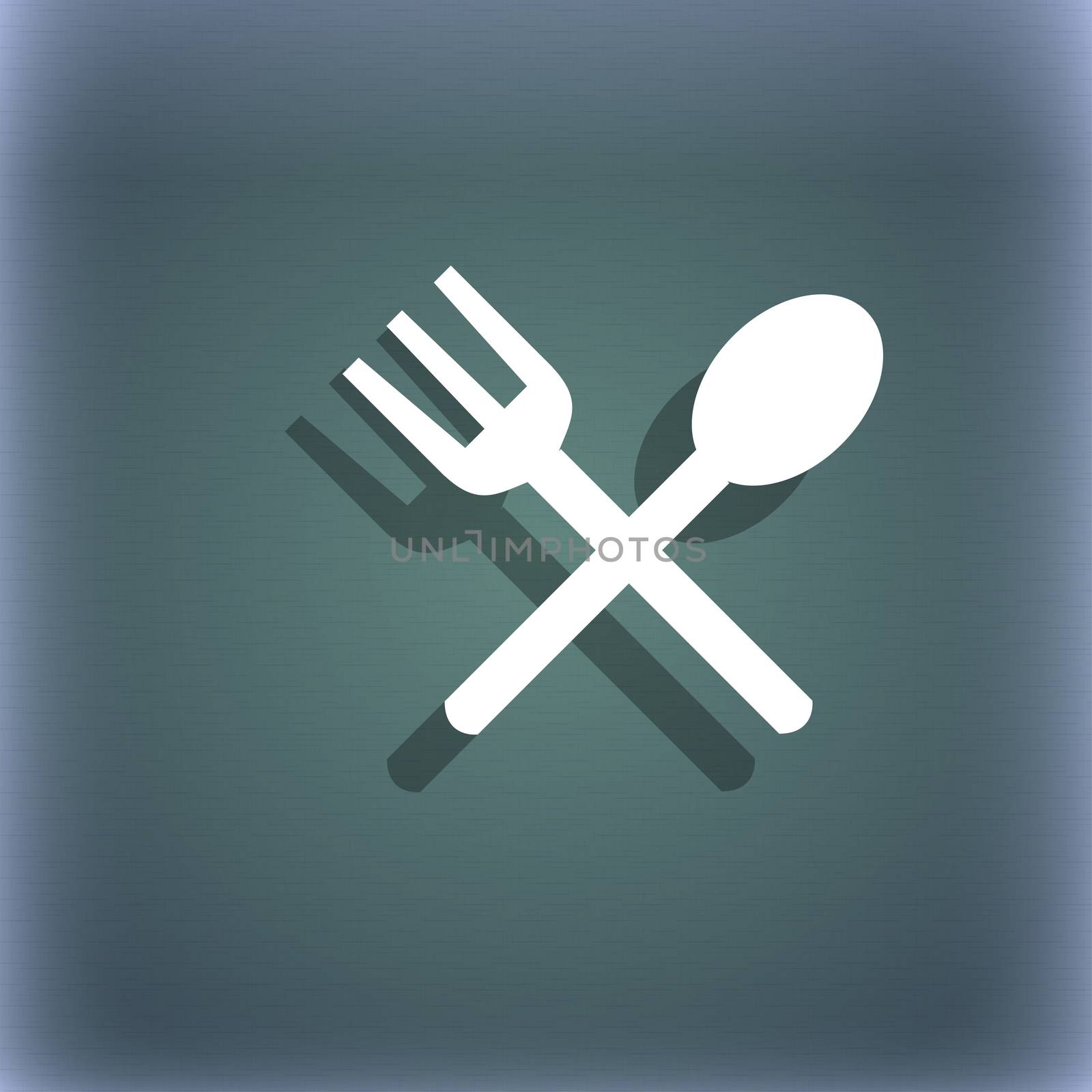 Fork and spoon crosswise, Cutlery, Eat icon sign. On the blue-green abstract background with shadow and space for your text.  by serhii_lohvyniuk