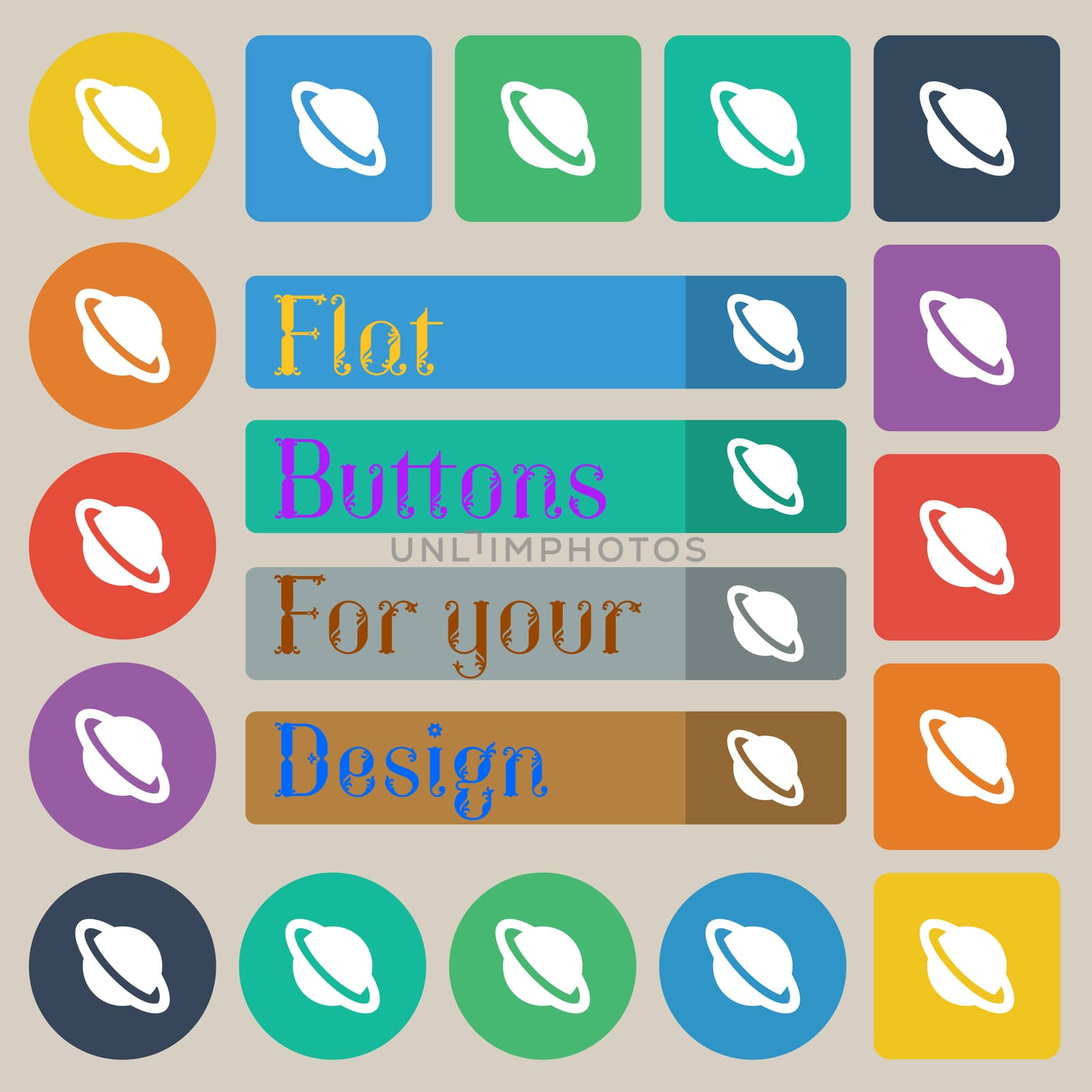 Jupiter planet icon sign. Set of twenty colored flat, round, square and rectangular buttons. illustration