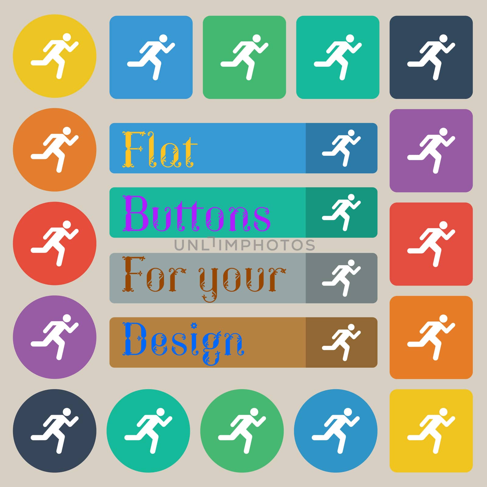 running man icon sign. Set of twenty colored flat, round, square and rectangular buttons. illustration