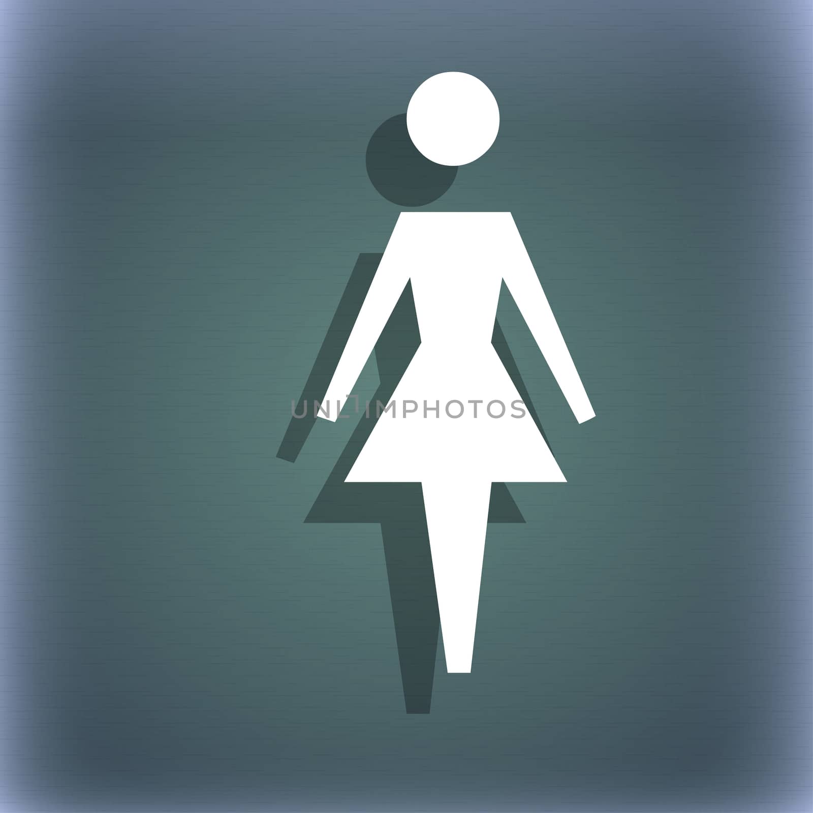 Female sign icon. Woman human symbol. Women toilet. On the blue-green abstract background with shadow and space for your text. illustration