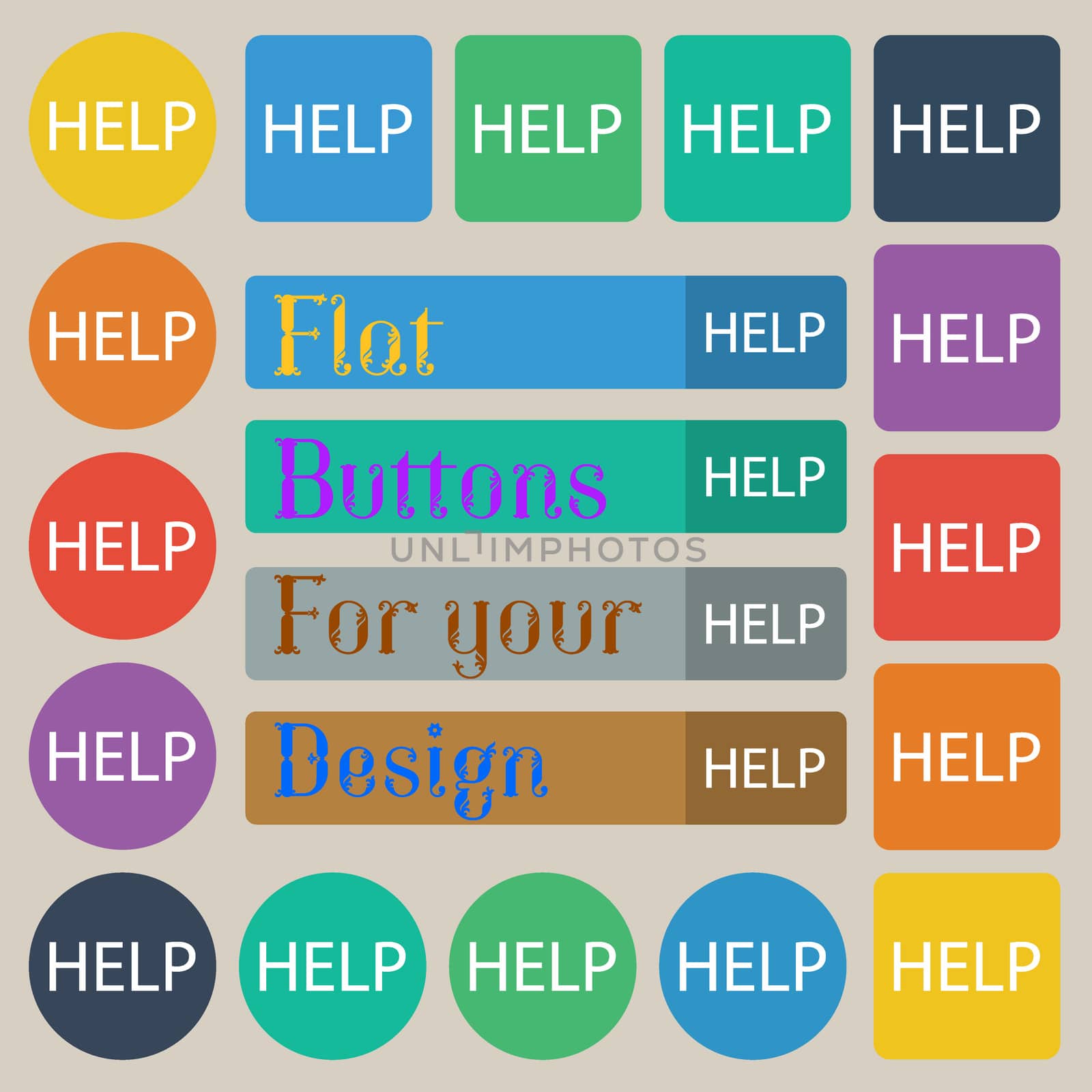 Help point sign icon. Question symbol. Set of twenty colored flat, round, square and rectangular buttons. illustration