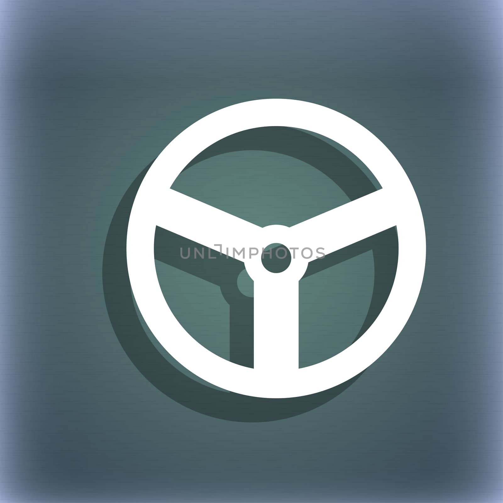 Steering wheel icon sign. On the blue-green abstract background with shadow and space for your text. illustration