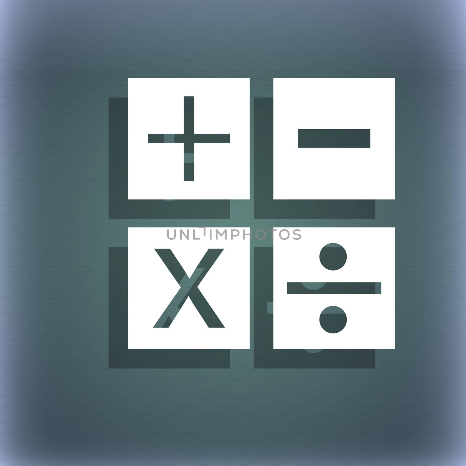 Multiplication, division, plus, minus icon Math symbol Mathematics. On the blue-green abstract background with shadow and space for your text. illustration