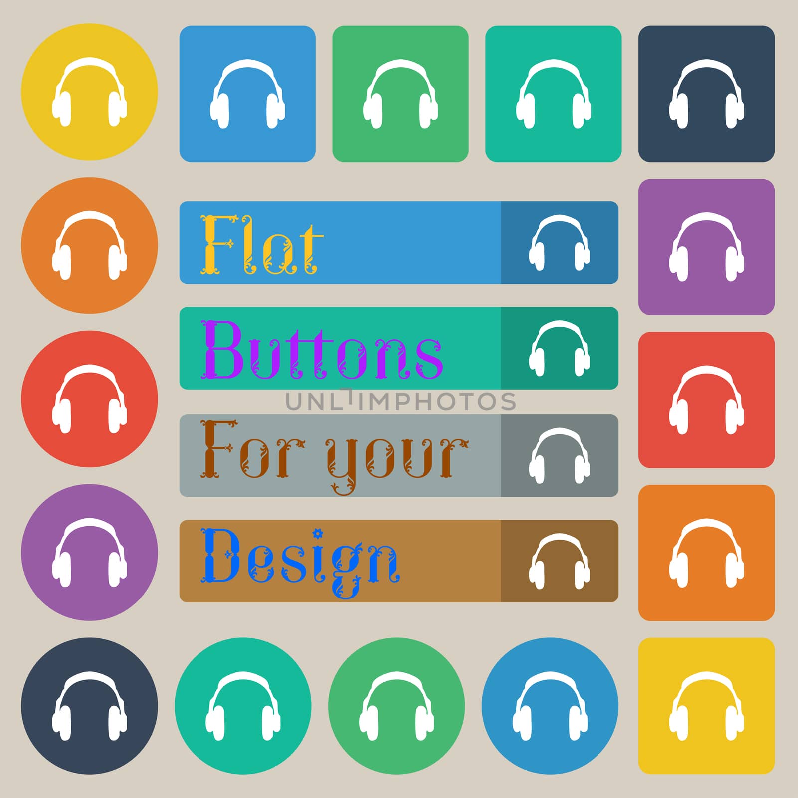 headsets icon sign. Set of twenty colored flat, round, square and rectangular buttons.  by serhii_lohvyniuk