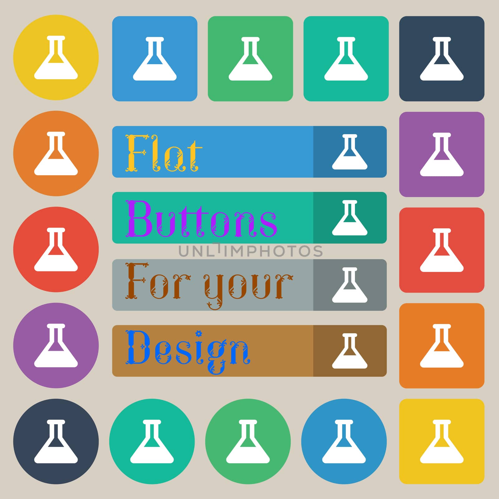 Conical Flask icon sign. Set of twenty colored flat, round, square and rectangular buttons.  by serhii_lohvyniuk