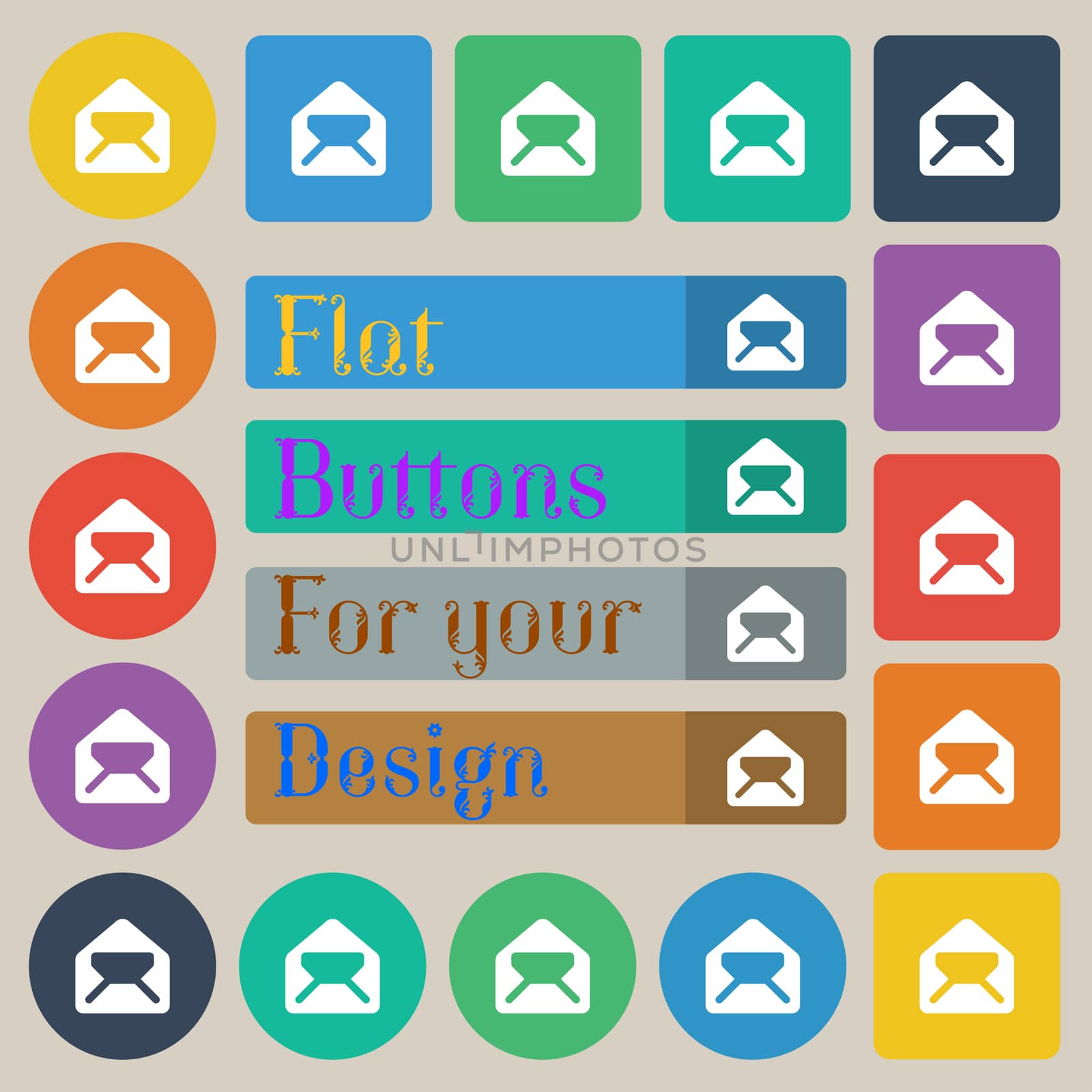 Mail, envelope, letter icon sign. Set of twenty colored flat, round, square and rectangular buttons. illustration