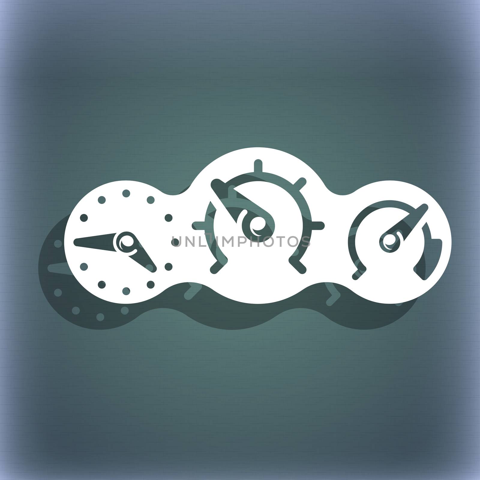 speed, speedometer icon symbol on the blue-green abstract background with shadow and space for your text. illustration