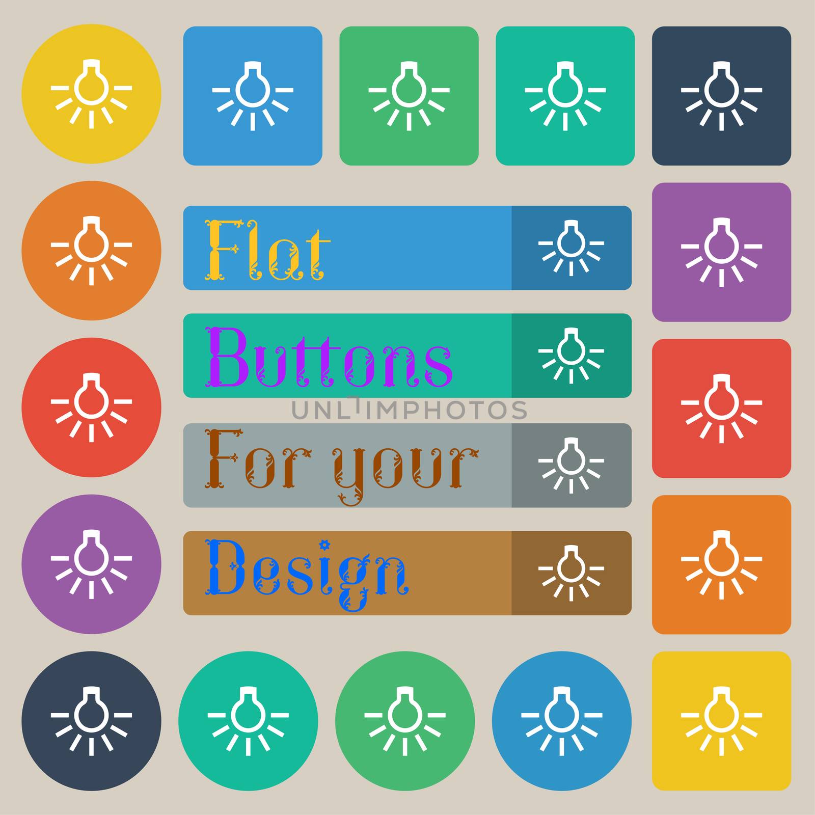 light bulb icon sign. Set of twenty colored flat, round, square and rectangular buttons. illustration