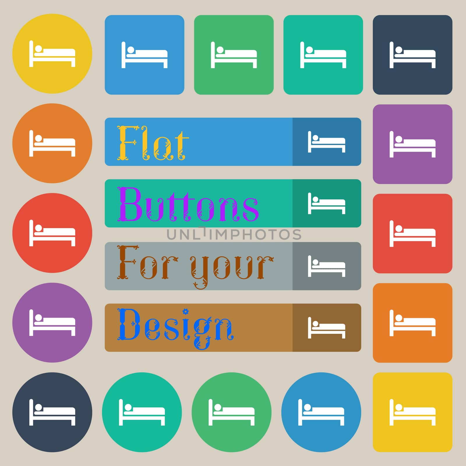 Hotel icon sign. Set of twenty colored flat, round, square and rectangular buttons. illustration