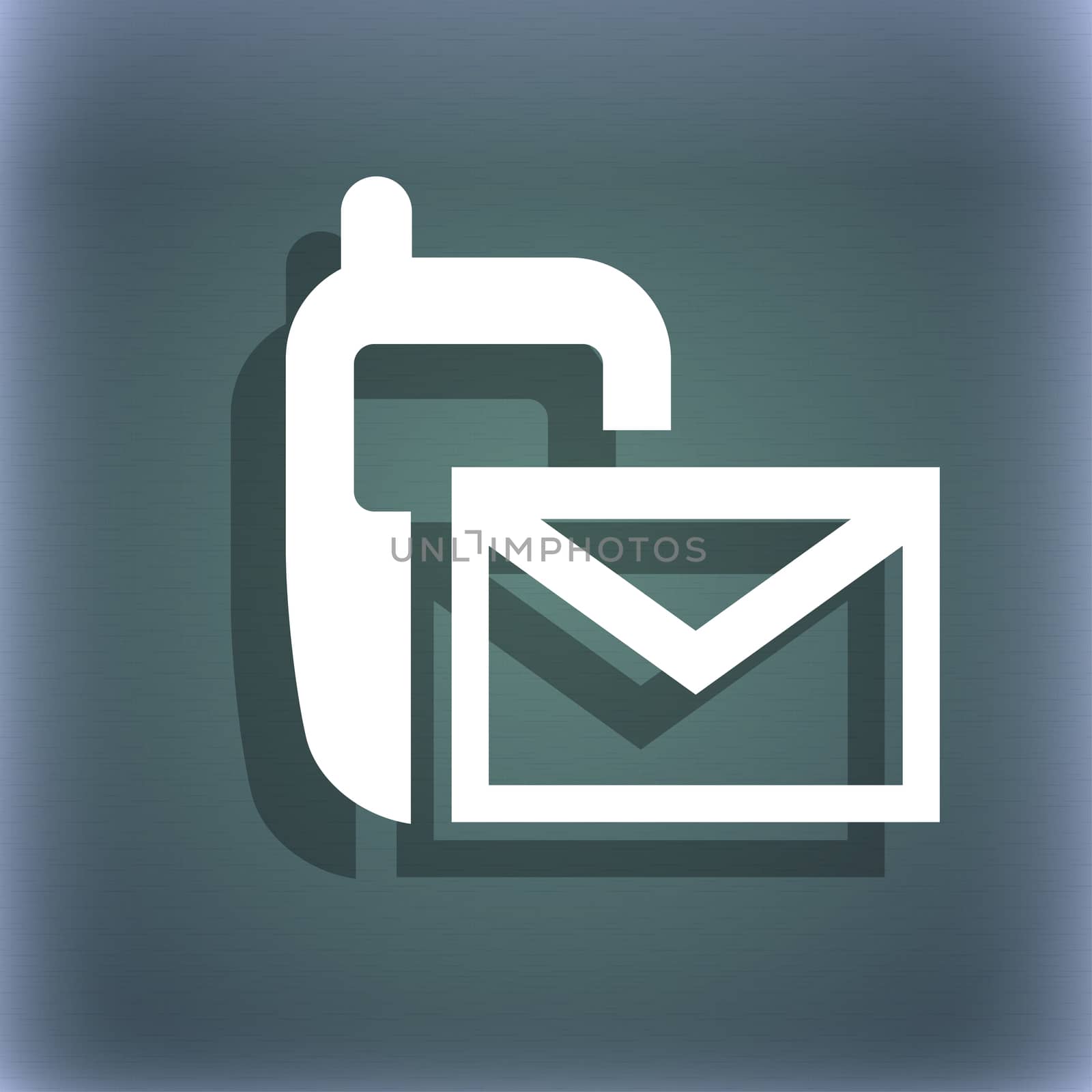 Mail icon. Envelope symbol. Message sms sign. On the blue-green abstract background with shadow and space for your text. illustration