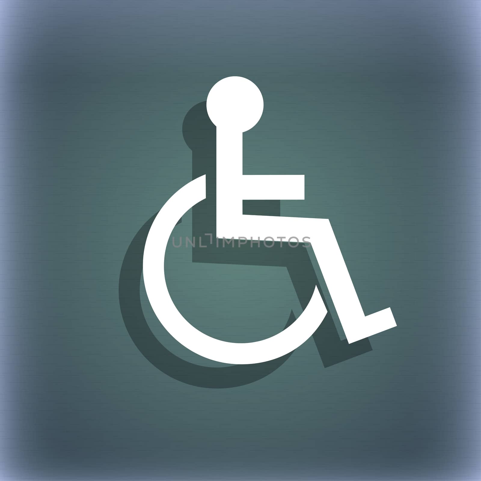 Disabled sign icon. Human on wheelchair symbol. Handicapped invalid sign. On the blue-green abstract background with shadow and space for your text. illustration