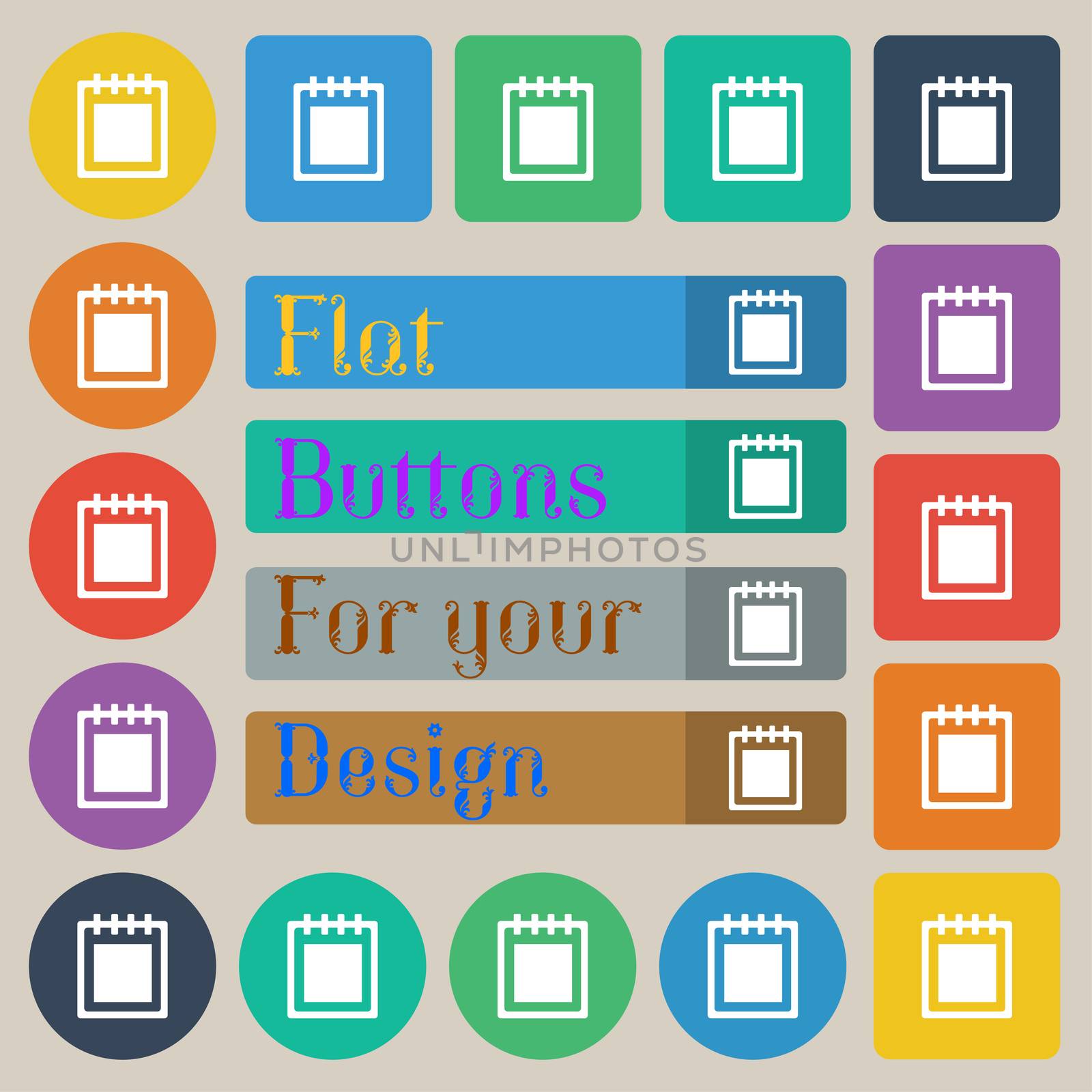 Notepad icon sign. Set of twenty colored flat, round, square and rectangular buttons. illustration