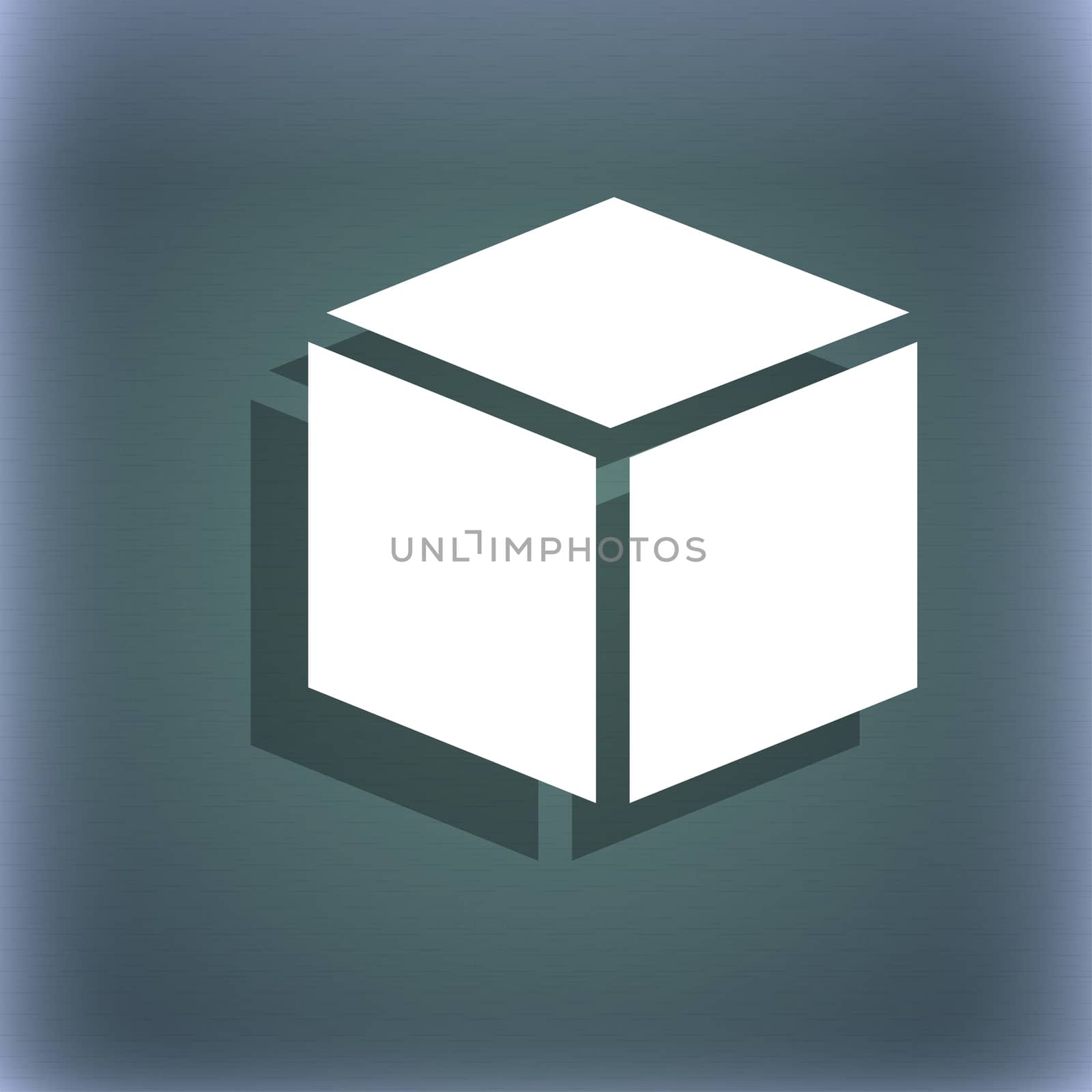 3d cube icon sign. On the blue-green abstract background with shadow and space for your text.  by serhii_lohvyniuk