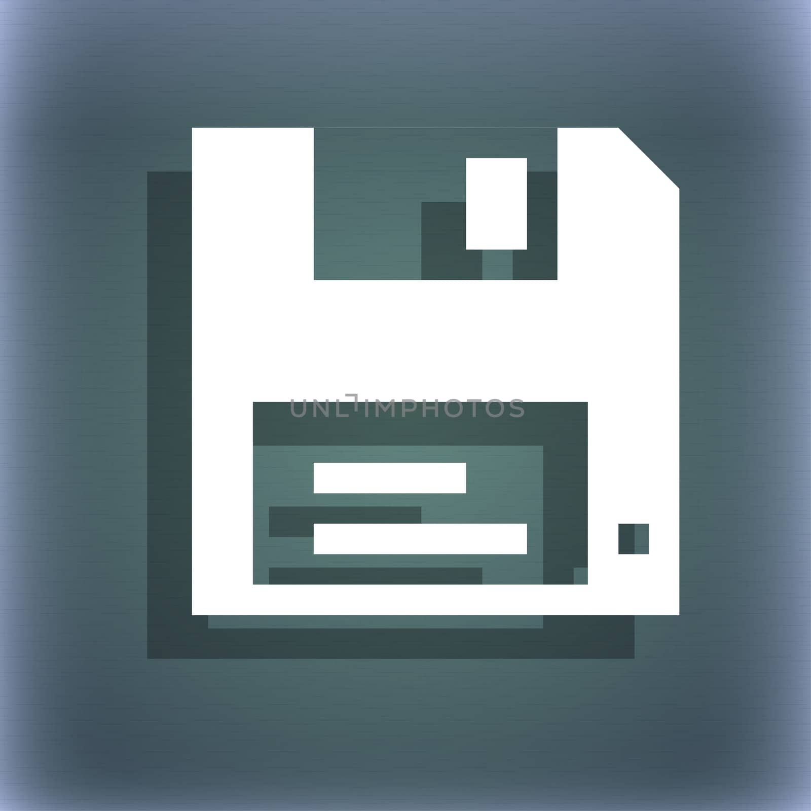 floppy icon symbol on the blue-green abstract background with shadow and space for your text.  by serhii_lohvyniuk