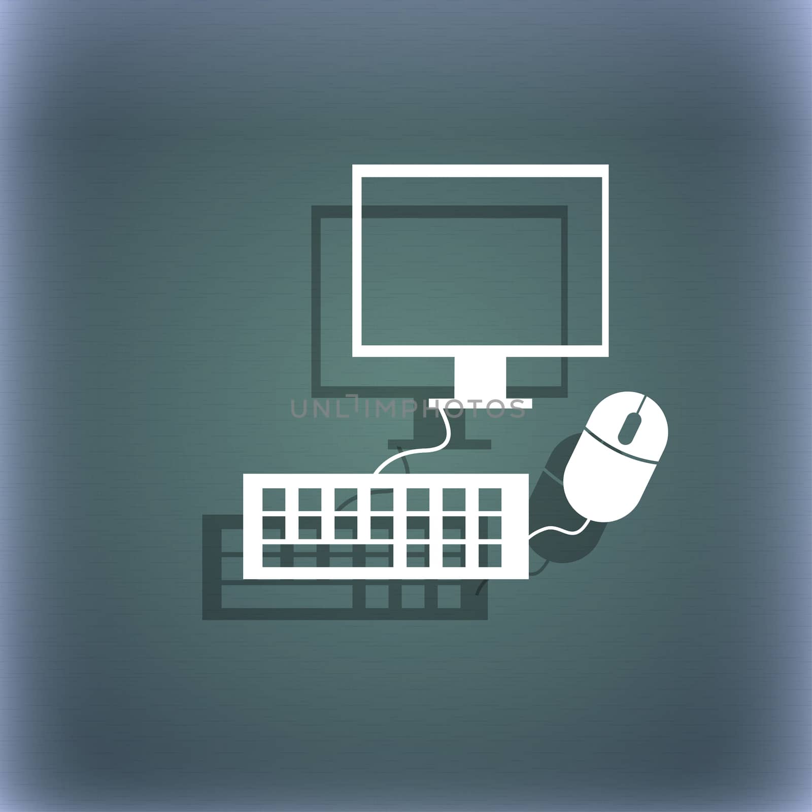 Computer widescreen monitor, keyboard, mouse sign icon. On the blue-green abstract background with shadow and space for your text.  by serhii_lohvyniuk