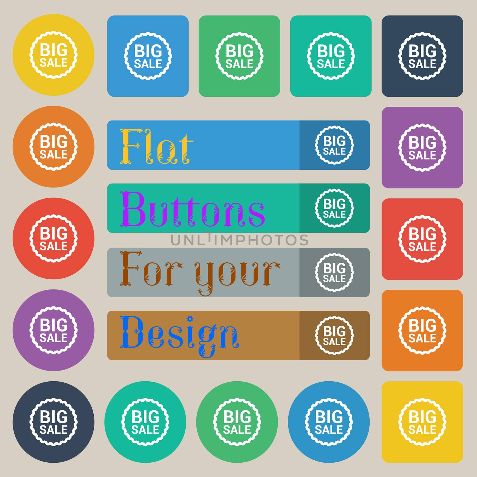 Big sale icon sign. Set of twenty colored flat, round, square and rectangular buttons.  by serhii_lohvyniuk