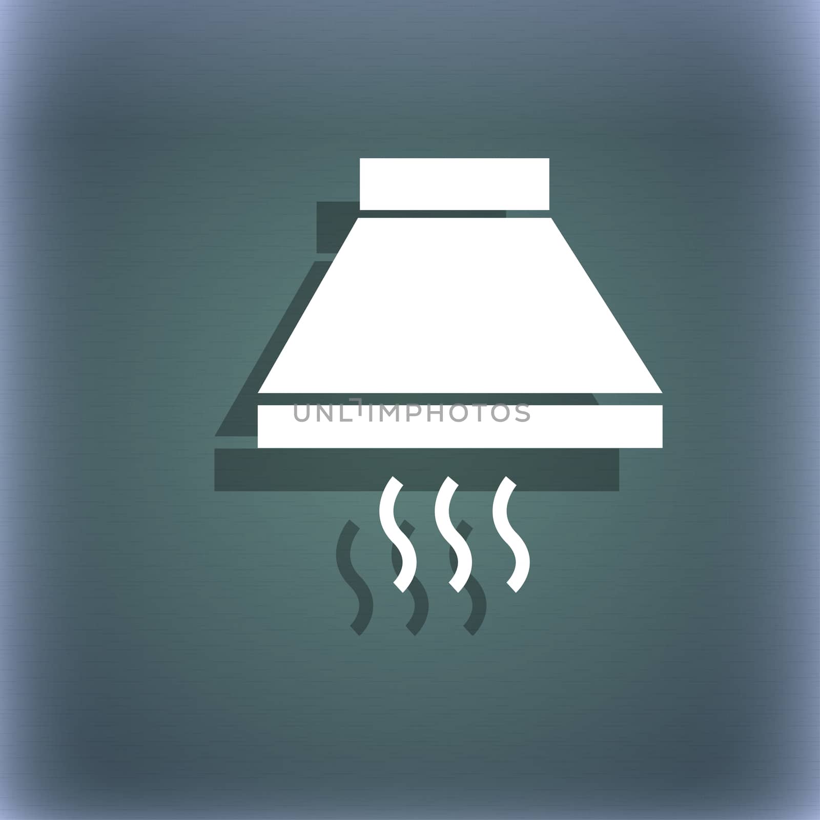 Kitchen hood icon sign. On the blue-green abstract background with shadow and space for your text.  by serhii_lohvyniuk