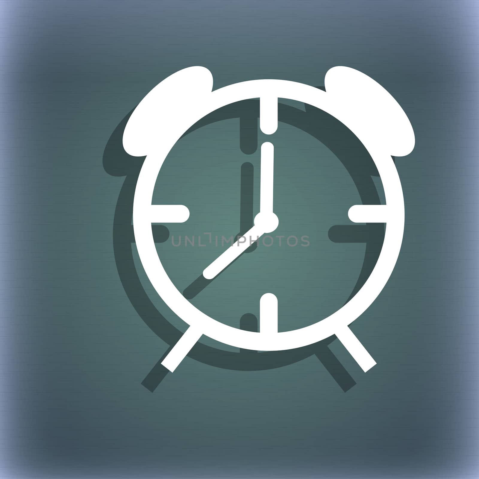 Alarm clock sign icon. Wake up alarm symbol. On the blue-green abstract background with shadow and space for your text.  by serhii_lohvyniuk