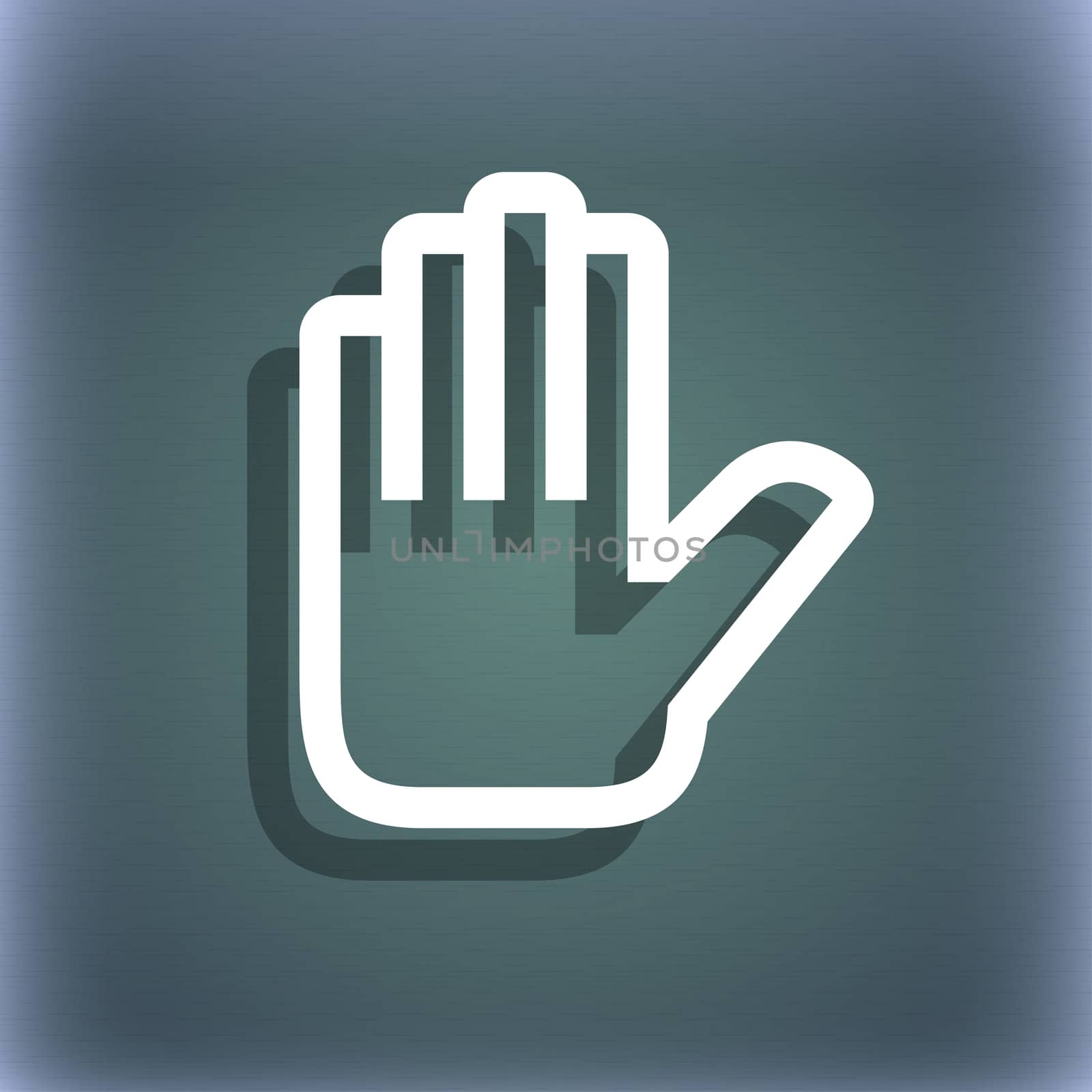 Hand print, Stop icon symbol on the blue-green abstract background with shadow and space for your text. illustration